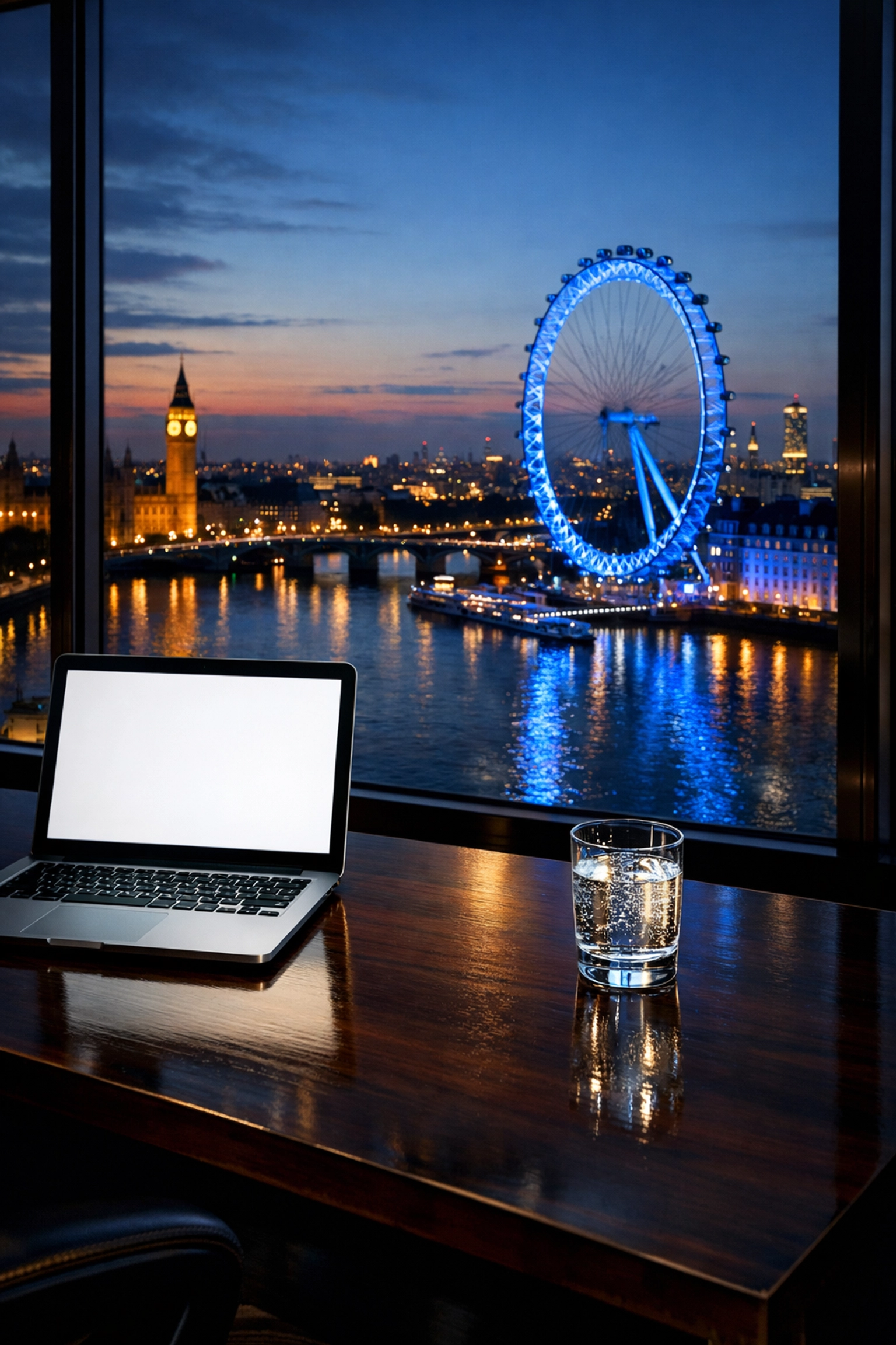 Professional skyscraper office desk at night overlooking the illuminated London Eye and River Thames.