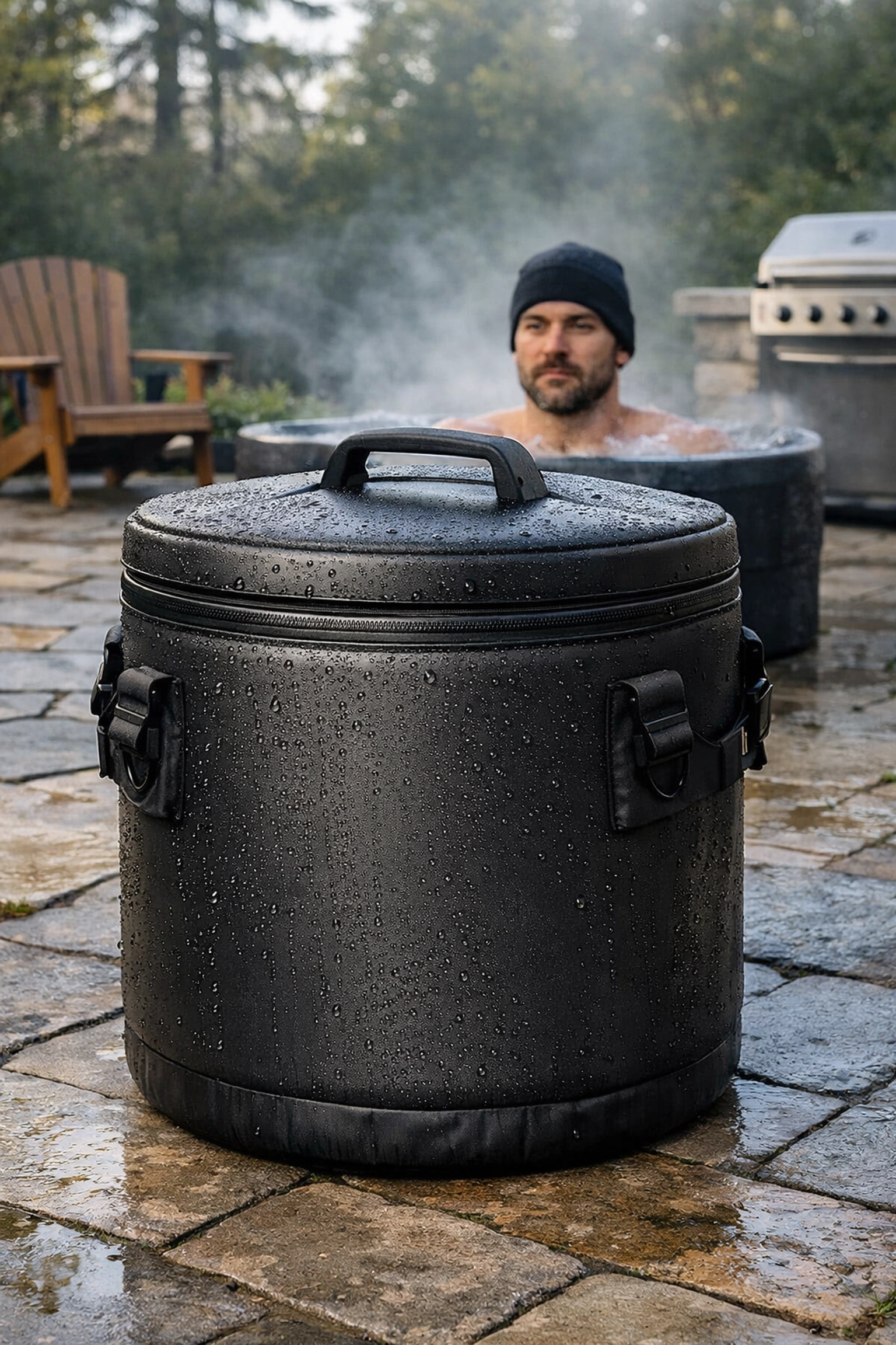 Insulated portable ice pod for athlete cold therapy and ice bath recovery outdoors.