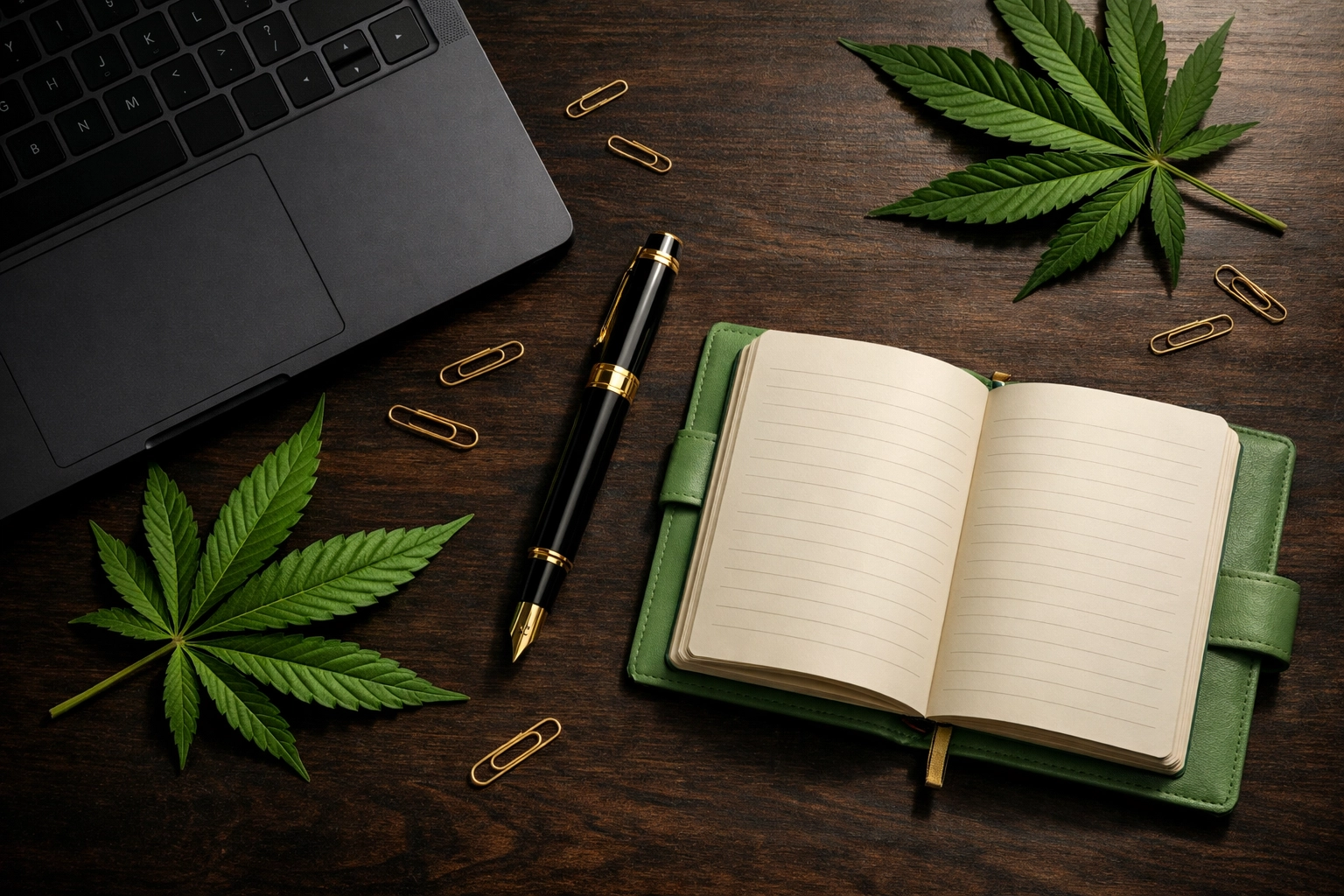Professional laptop and journal with cannabis leaves, symbolizing expert guest blogging for high-quality backlinks.