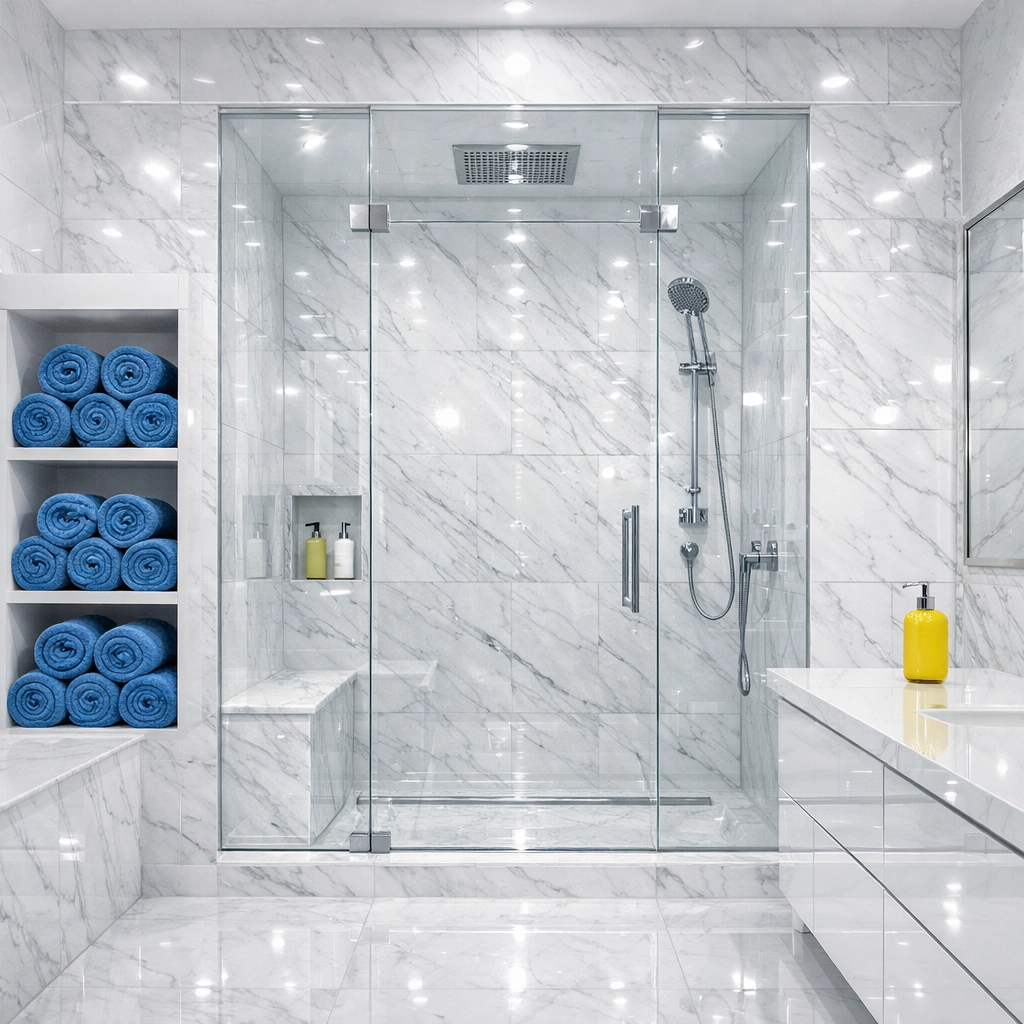 A deep cleaned luxury bathroom in Lowell MA featuring sparkling marble surfaces and organized towels.