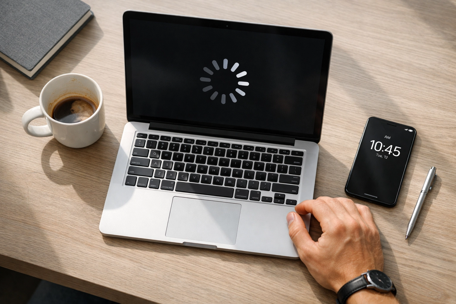 Frustrated user waiting for slow computer to load at home office desk
