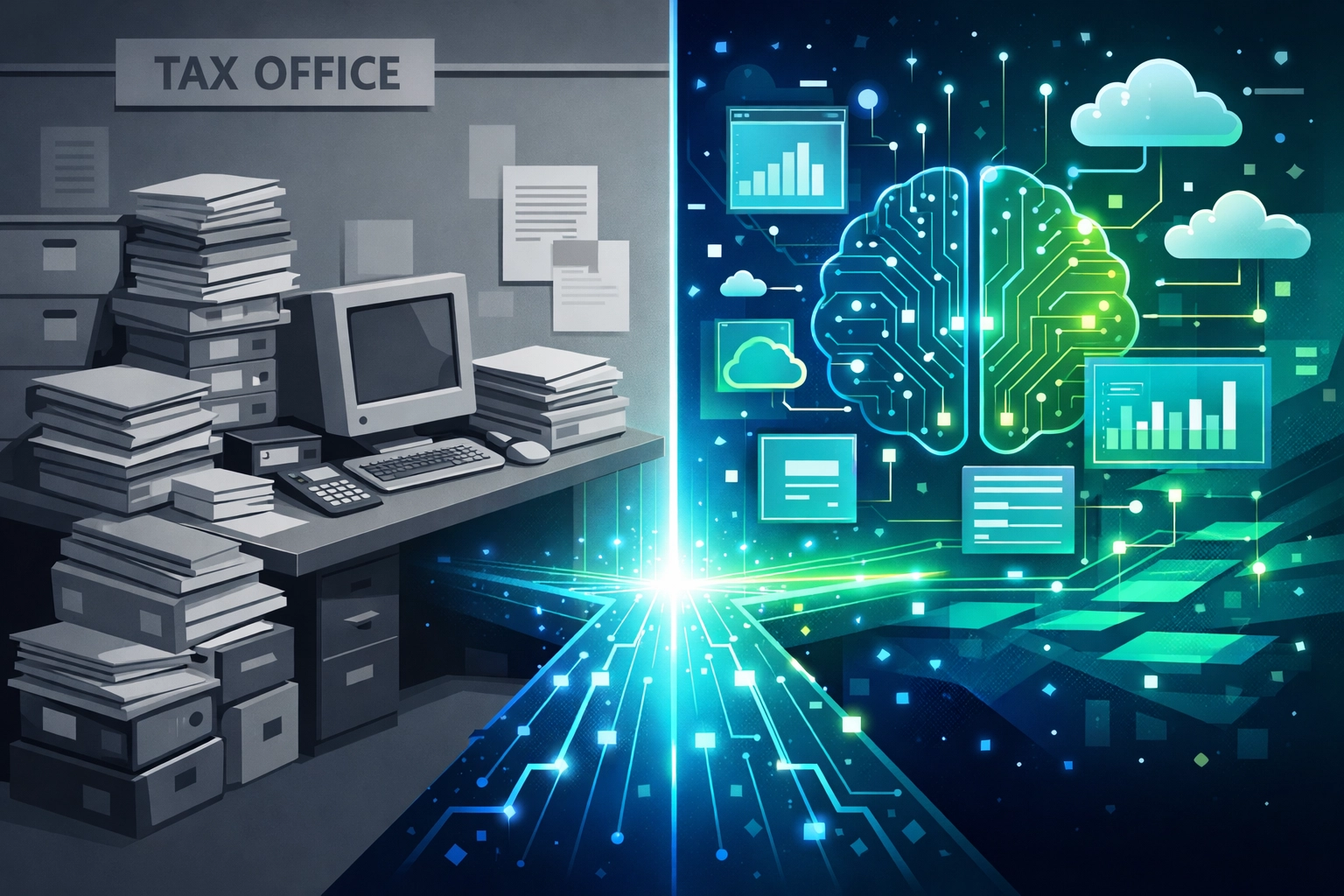 Traditional tax office vs virtual concierge tax preparation workspace comparison