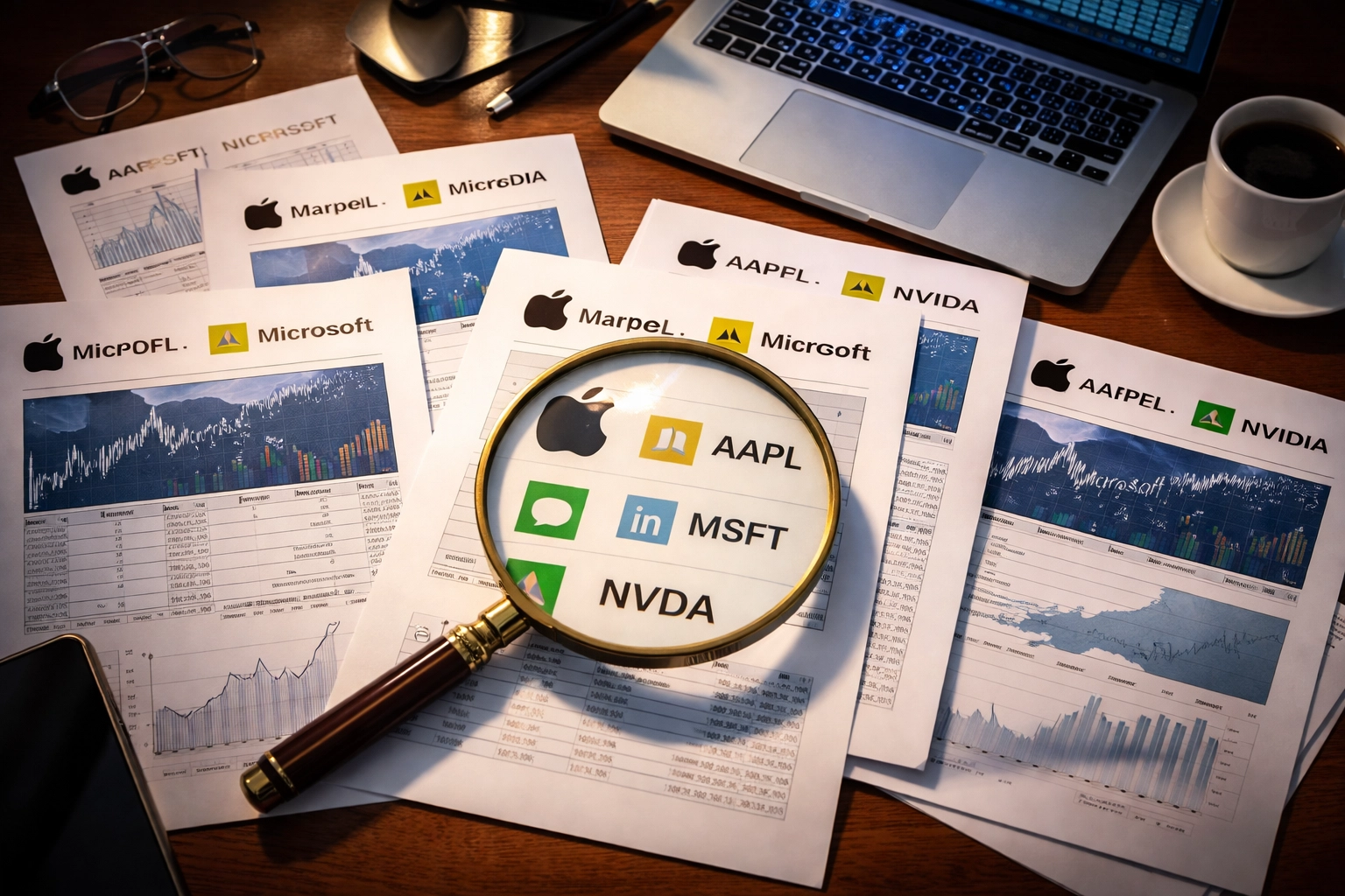 Investor desk showing overlapping investments concentrated in familiar tech sector stocks and documents