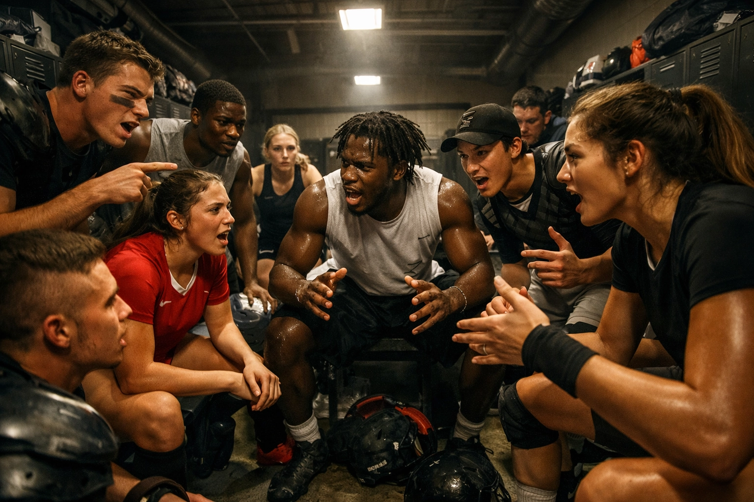 High school athletes in locker room building team communication and mental strength