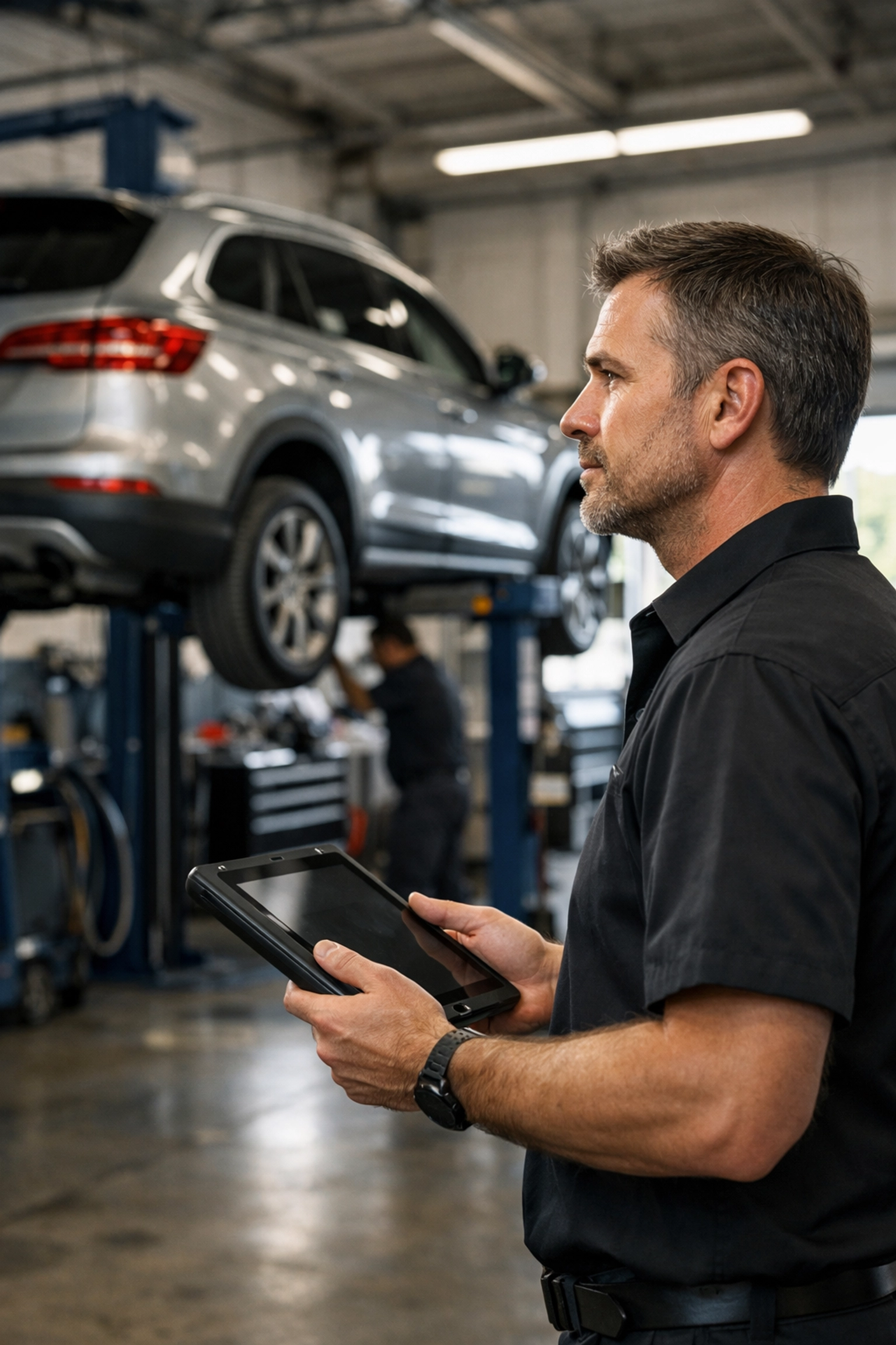 Auto repair shop owner reviewing business data on a tablet in a professional service bay with a car on a lift.