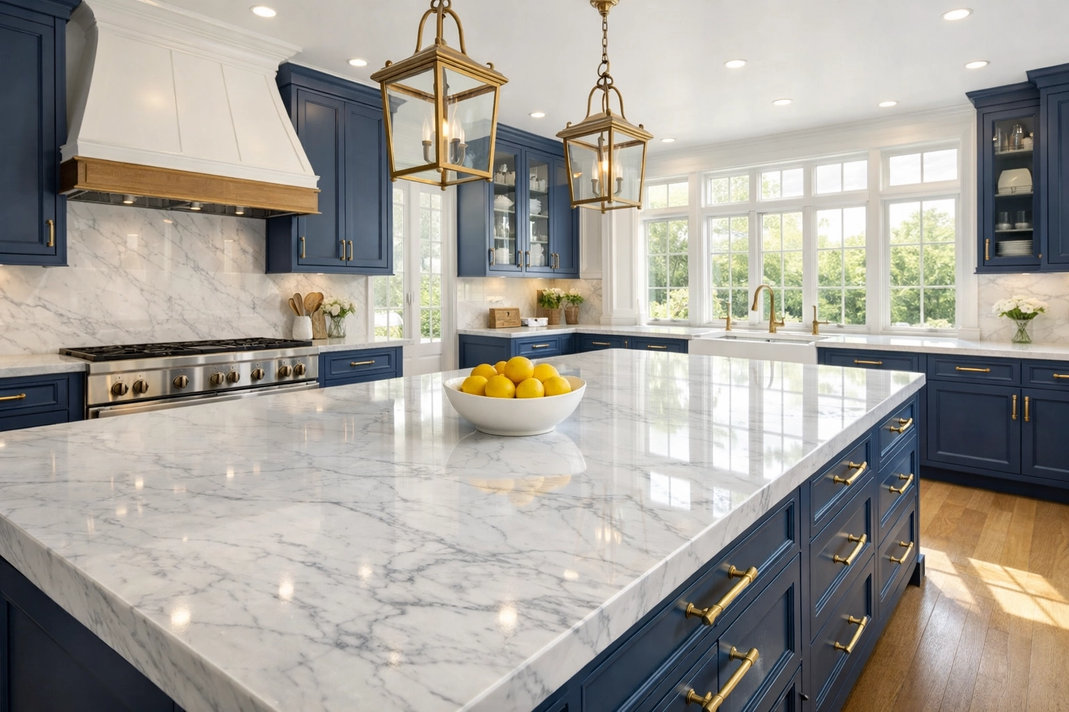Polished Carrara marble kitchen island in a Weston home, highlighting professional Weston estate cleaning.