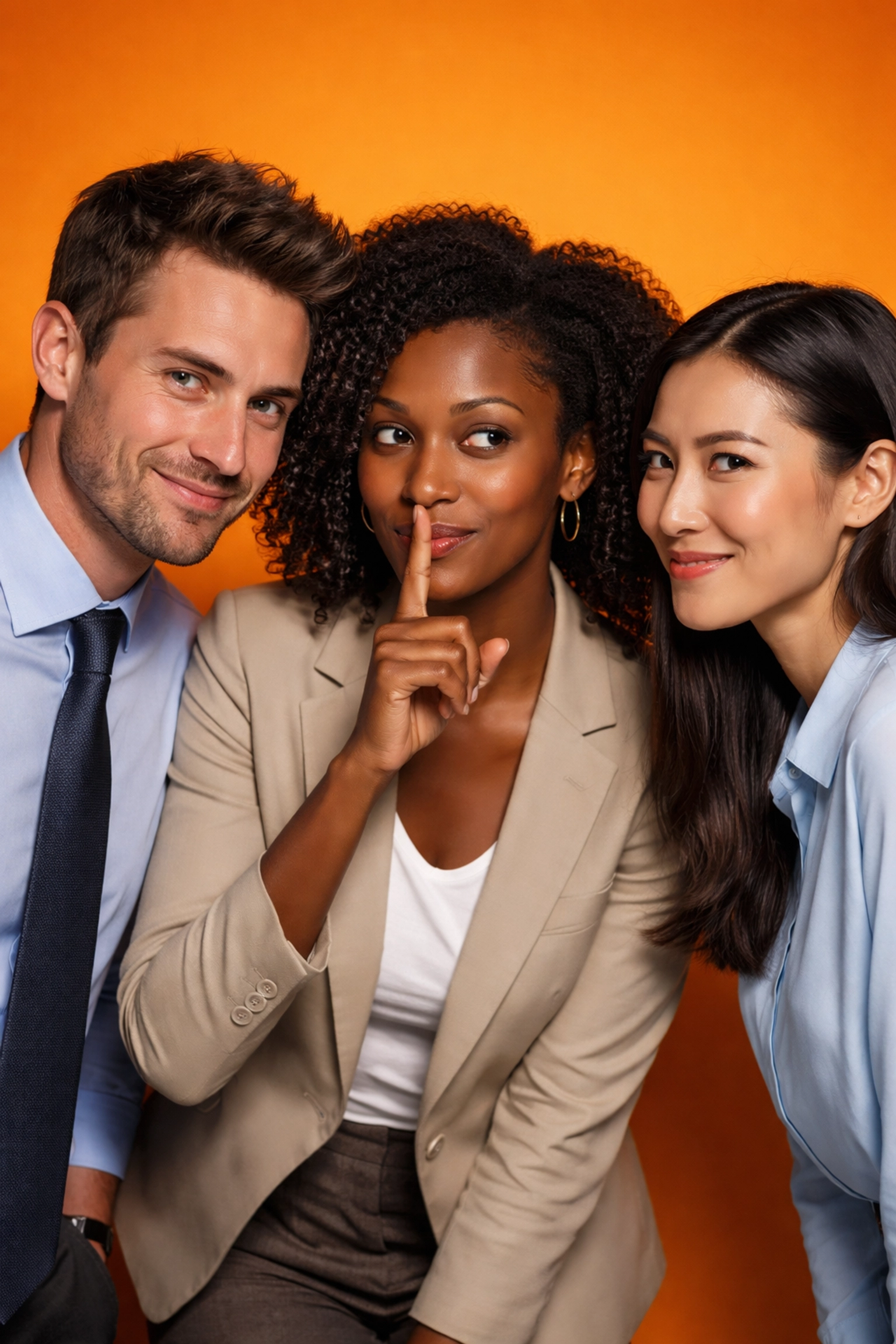 Three office employees share knowing glances and secrets, reflecting unspoken truths about corporate podcast strategy.