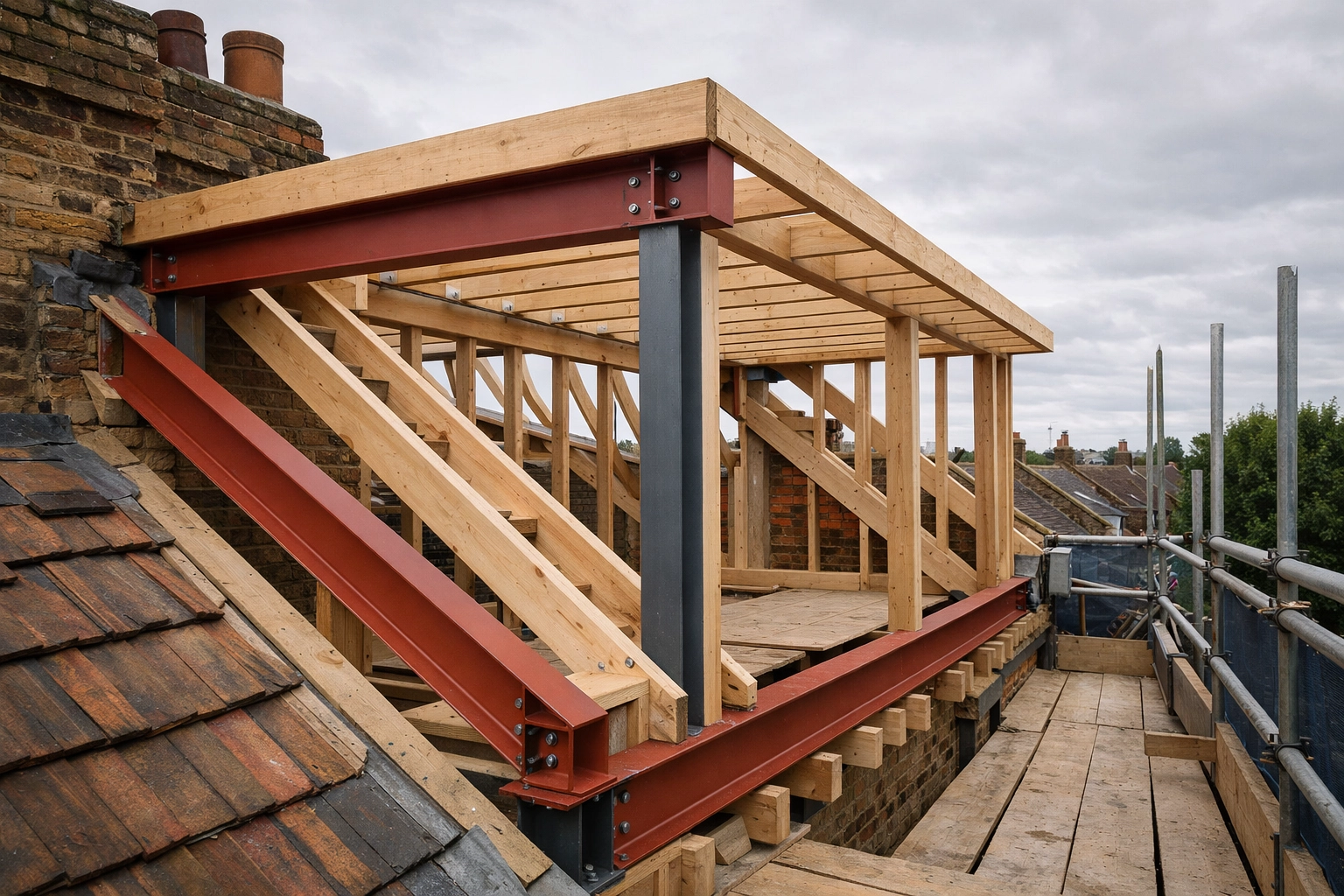 Construction of a dormer loft conversion in East London showing high-quality timber and steel structural work.