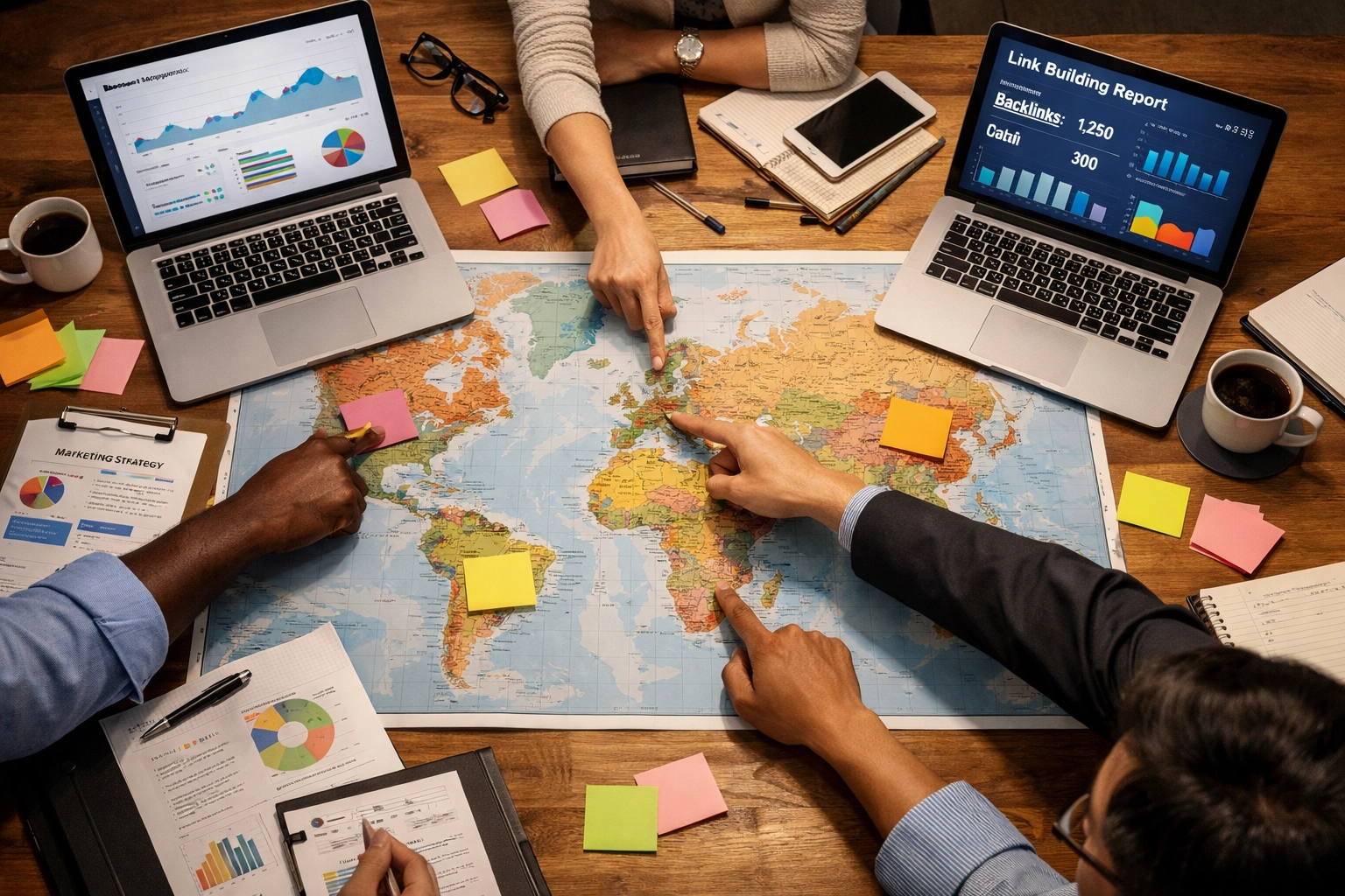 Équipe collaborant sur stratégie link building internationale multi-marchés