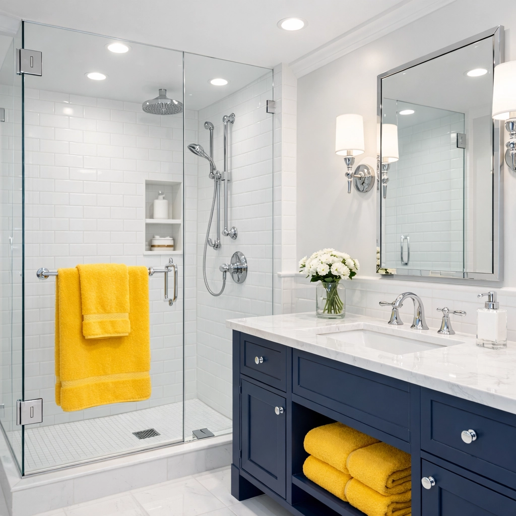 A deep-cleaned, mold-free bathroom with white subway tiles and gleaming surfaces for allergy relief.