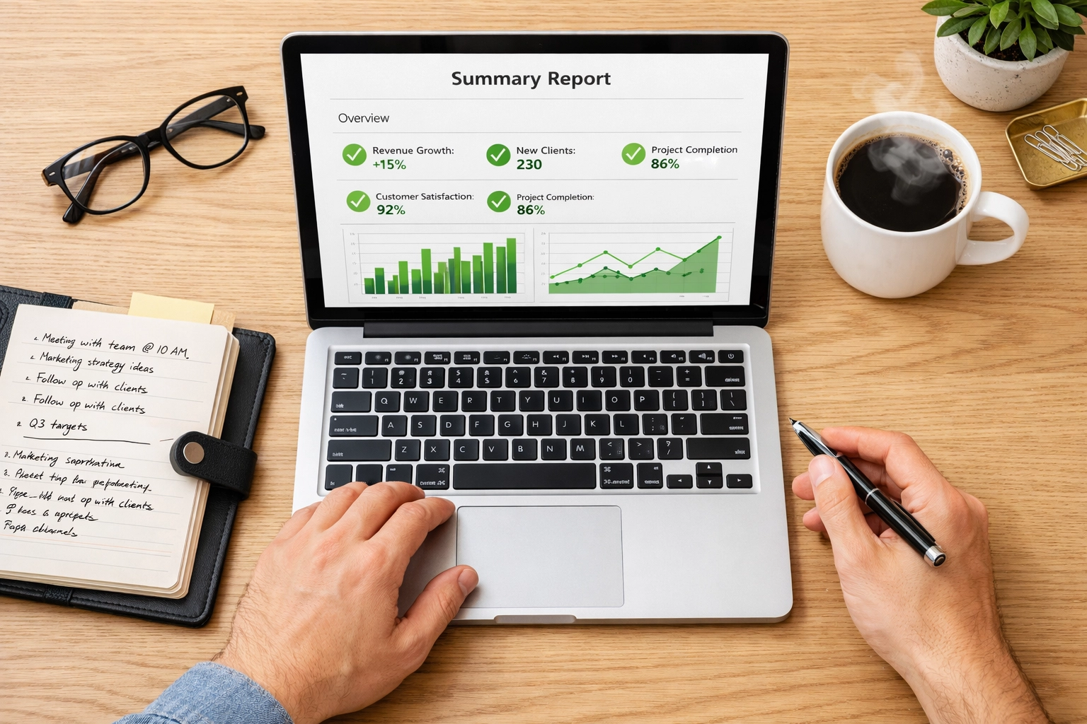 Laptop displaying a ServiceNow license audit and ROI report on a professional desk.