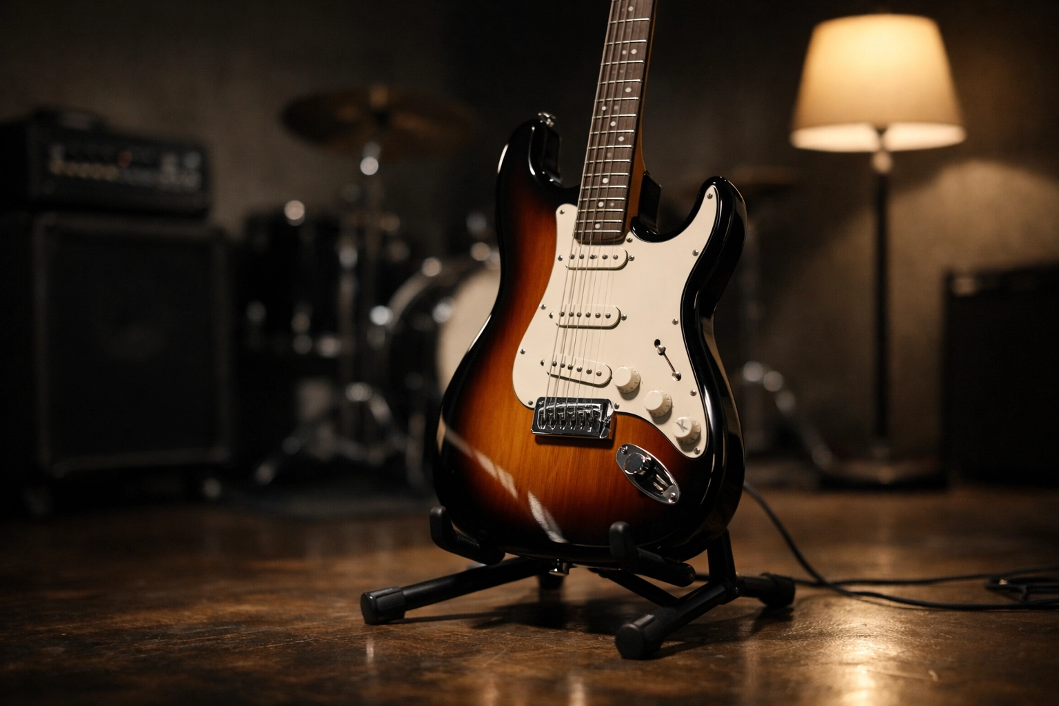 A professional electric guitar under a spotlight, representing the goal of mastering the instrument.