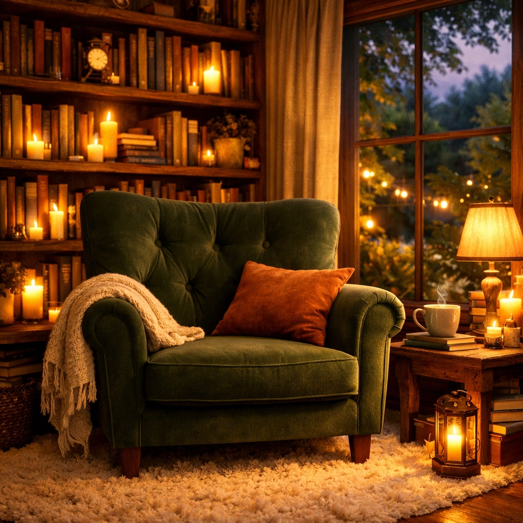 A warm, peaceful library room inviting women to join The Belonging Room and start their soul journey.