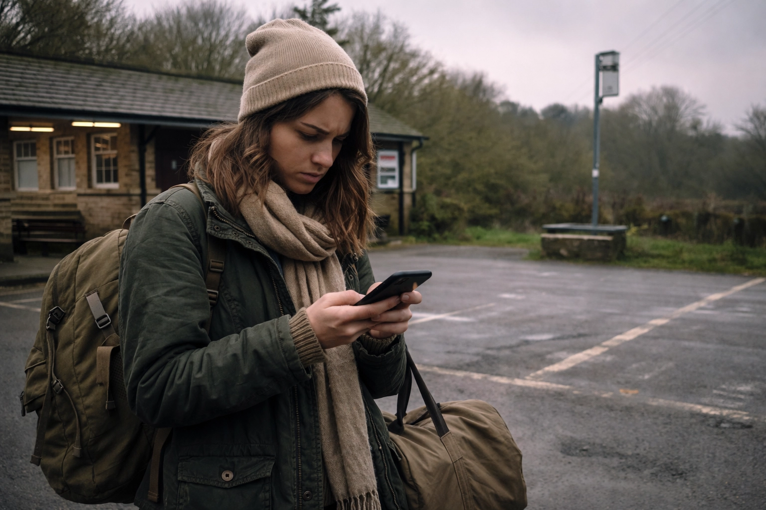 Stranded traveller in front of rural Moreton-in-Marsh station, highlighting Cotswolds transport issues