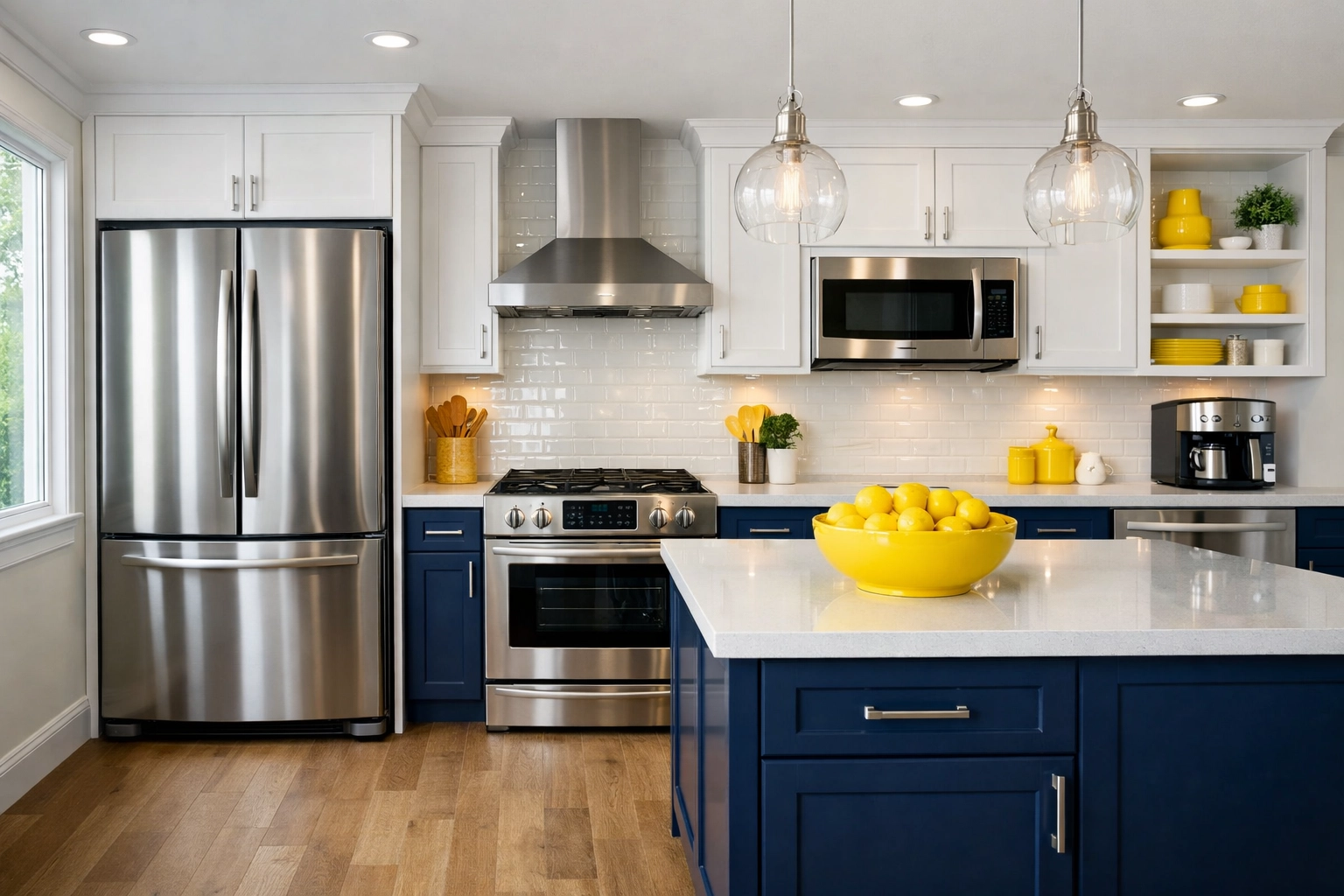 Modern kitchen with shiny stainless steel appliances polished using eco-friendly cleaning methods.