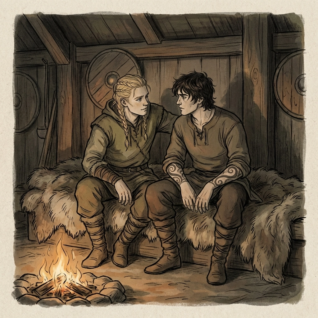 Two Viking step-brothers share intimate moment by firelight in longhouse - MM historical romance