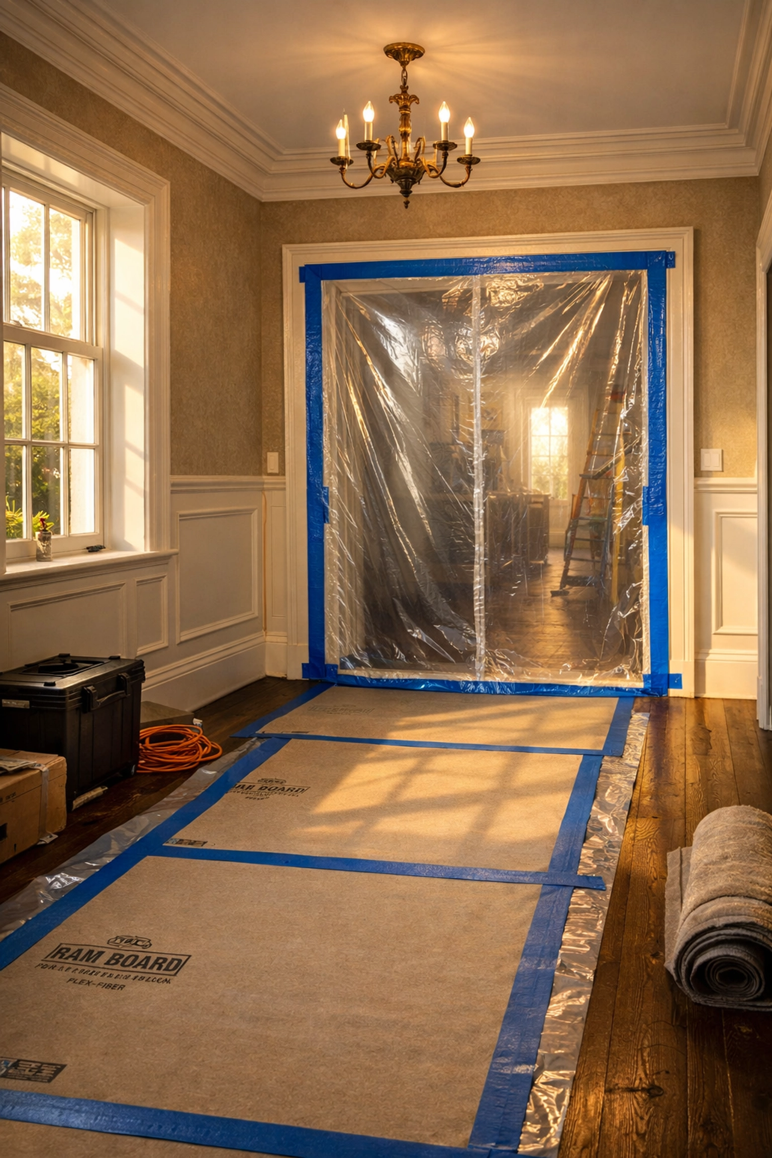 Professional floor protection and dust-sealed doorway during a West Sussex home renovation.