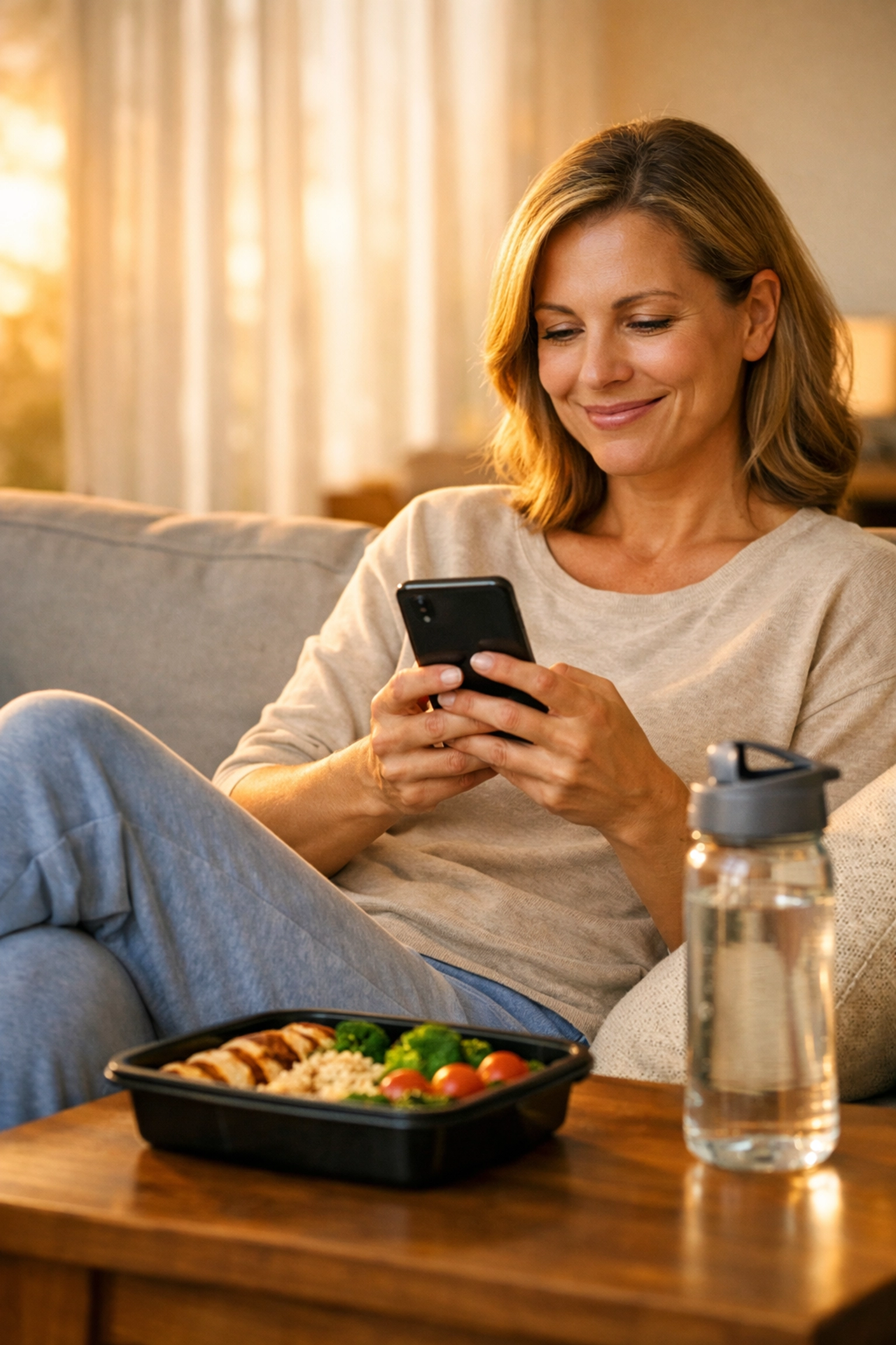 Woman using smartphone for online weight loss consultation with licensed doctor at home