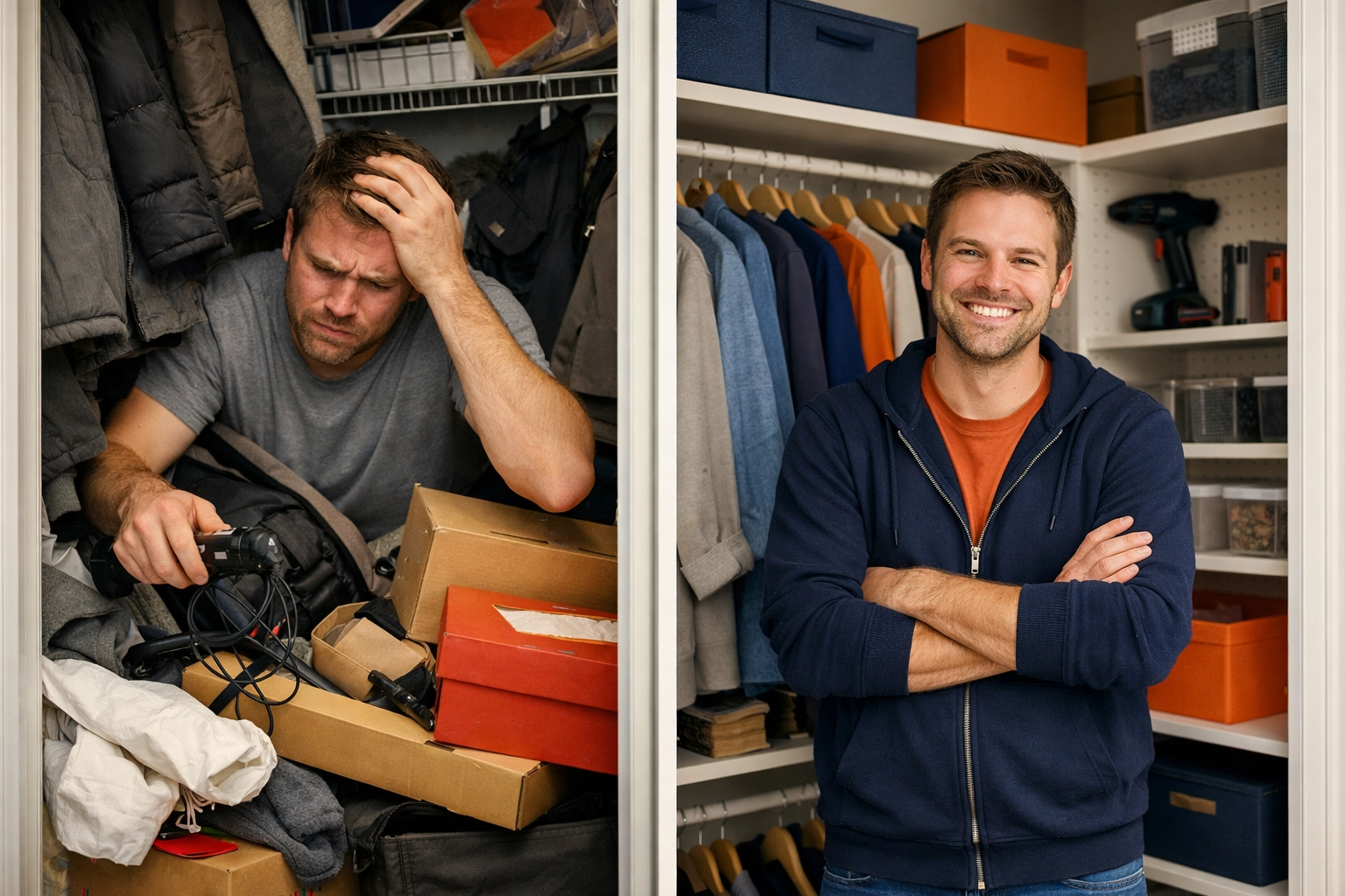 Before and after comparison: cluttered apartment closet versus organized storage space