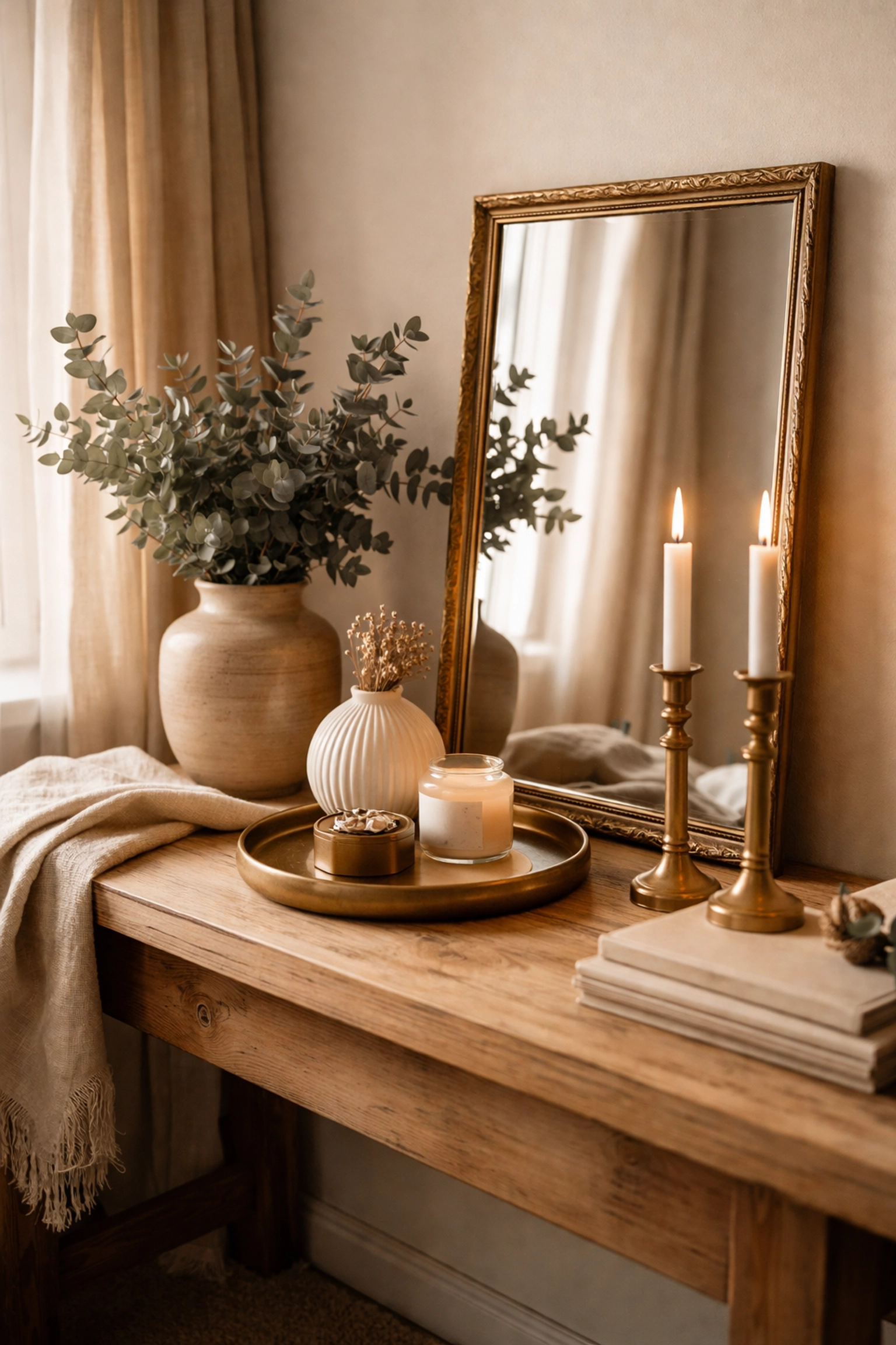 Curated living room with brass mirror, candlesticks, and tray on a rustic console table, adding warmth and elegance.