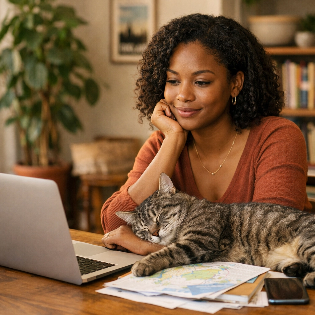 An Oakland woman planning travel on her laptop with her tabby cat, illustrating the need for a cat sitter in Oakland.