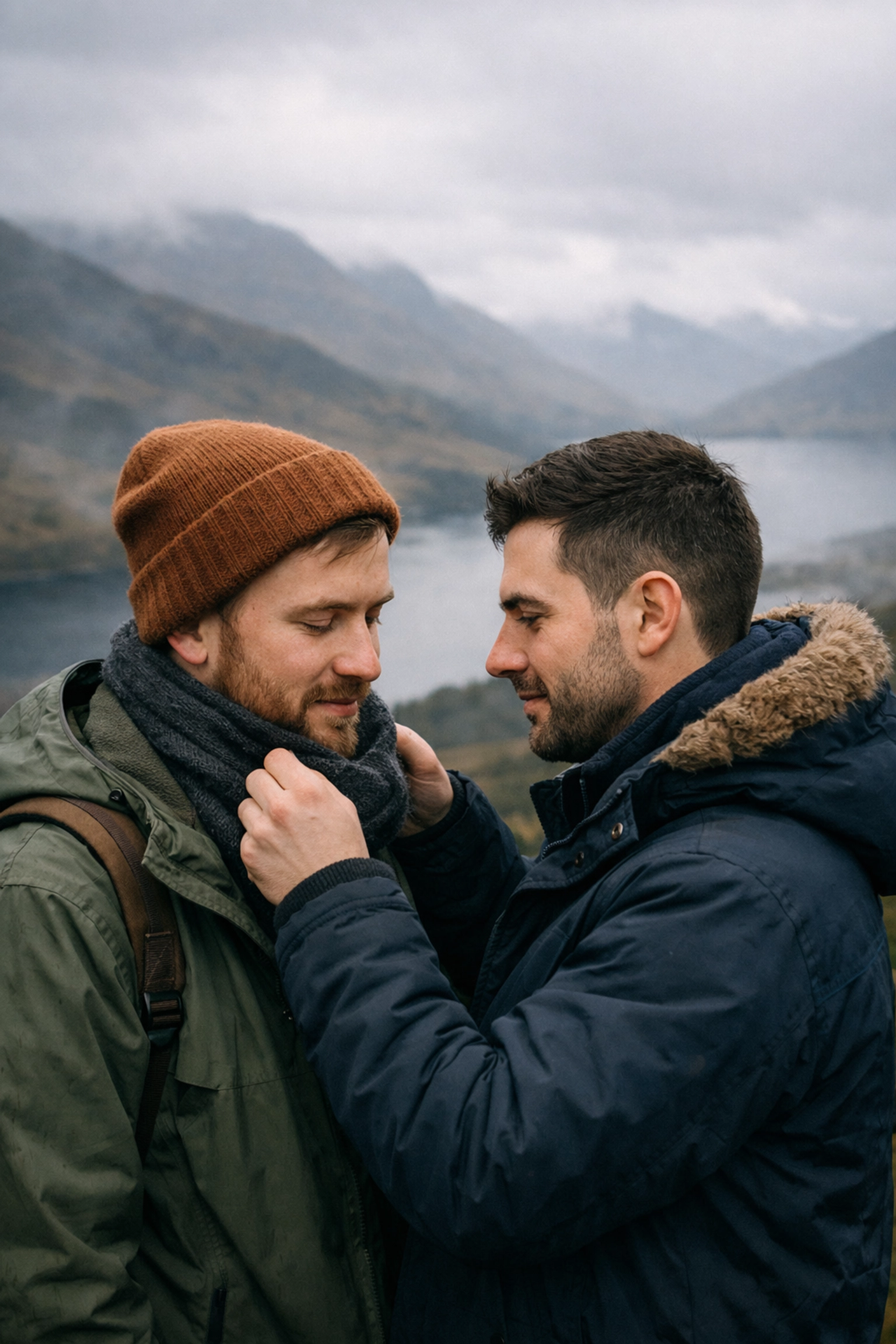 Two gay men share a quiet, affectionate moment overlooking a misty loch in the Scottish Highlands.