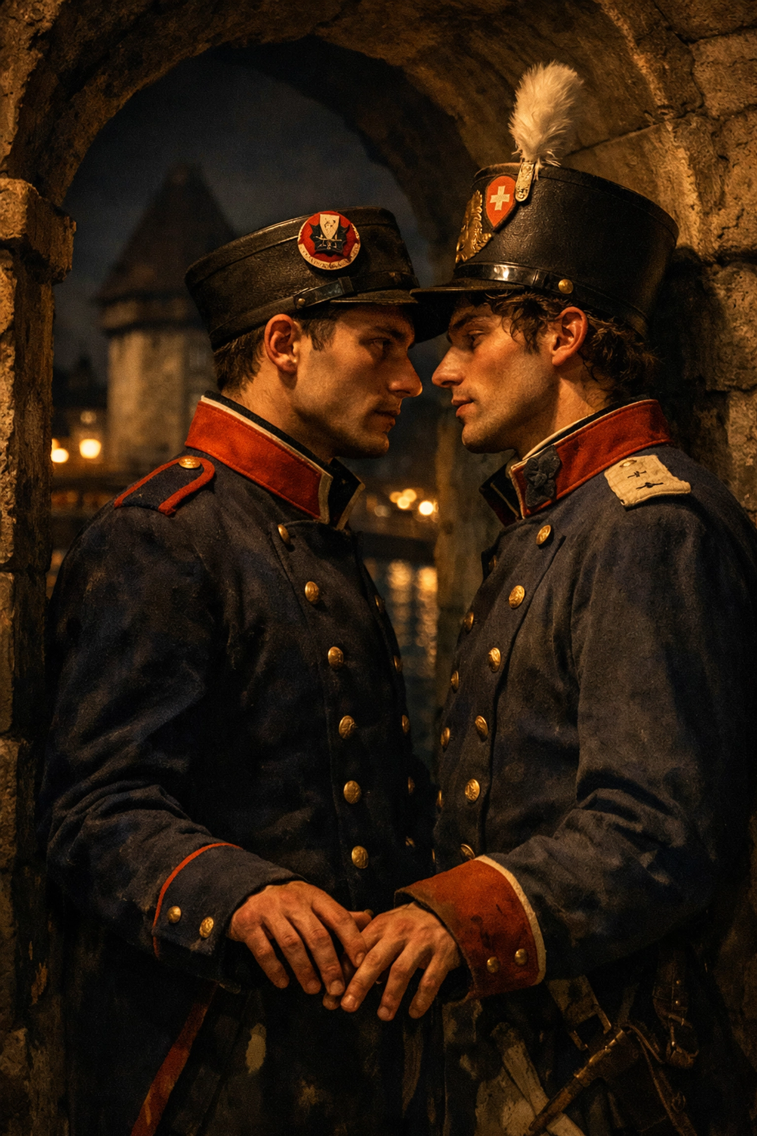Two men in Swiss military uniforms share intimate moment in Lucerne stone archway - MM historical romance
