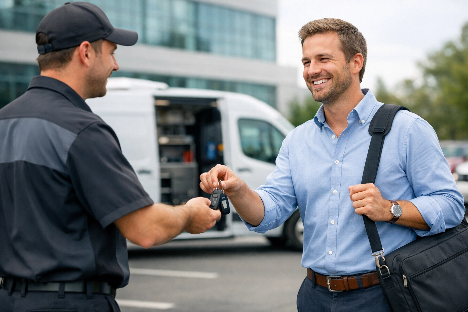 Mobile car repair Green Bay technician returning keys to an office employee, demonstrating onsite retention benefits.