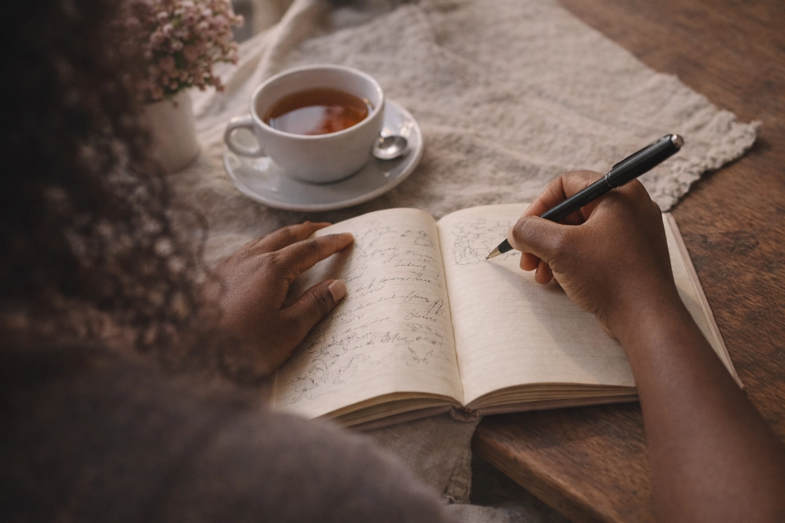 Hands journaling about personal values and boundaries with tea nearby
