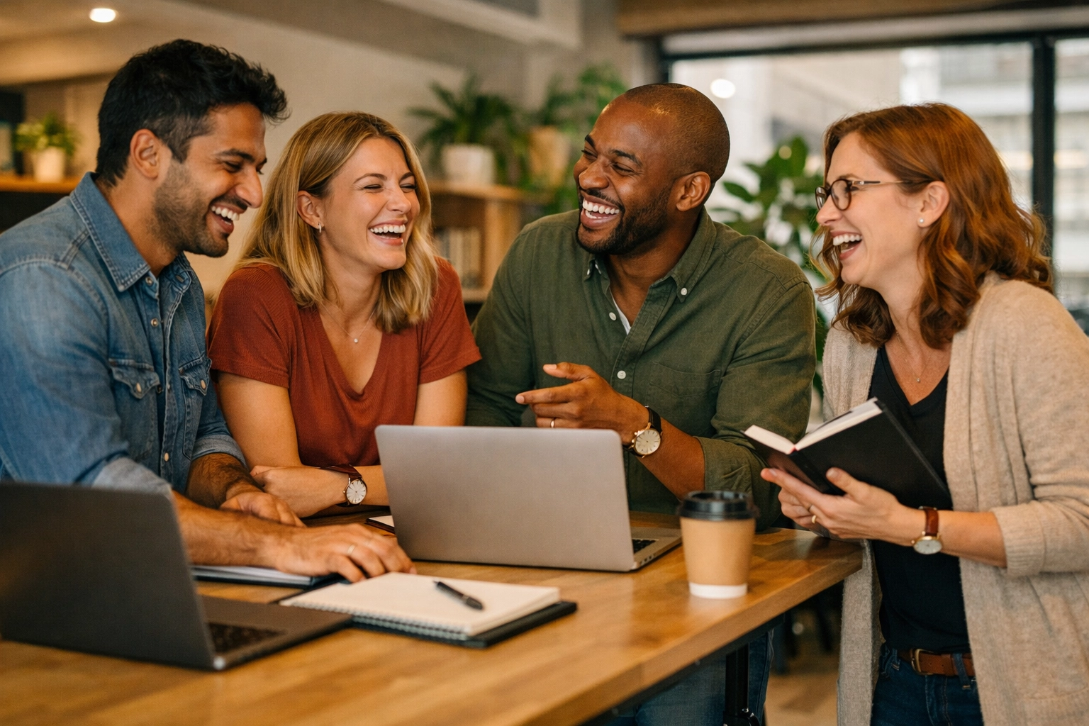 Office team sharing a lighthearted moment demonstrating workplace relationship building