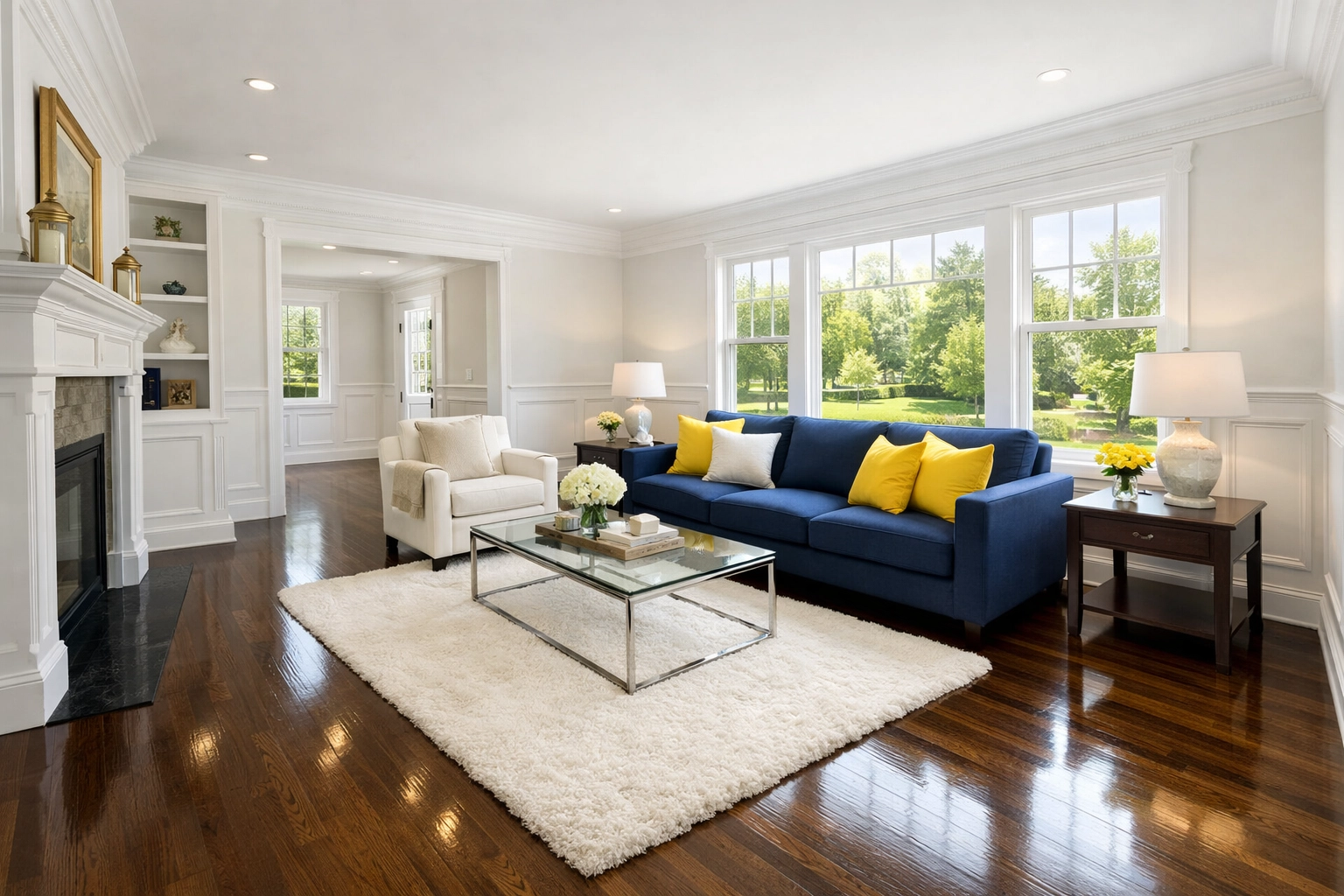 Spotless sun-drenched living room in a luxury Franklin MA home after expert house cleaning services.