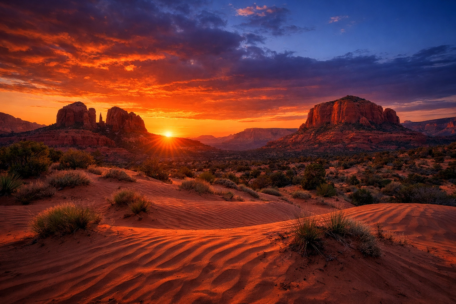 Professional sunset exposure at Sedona photo spots, capturing vibrant desert landscape colors.