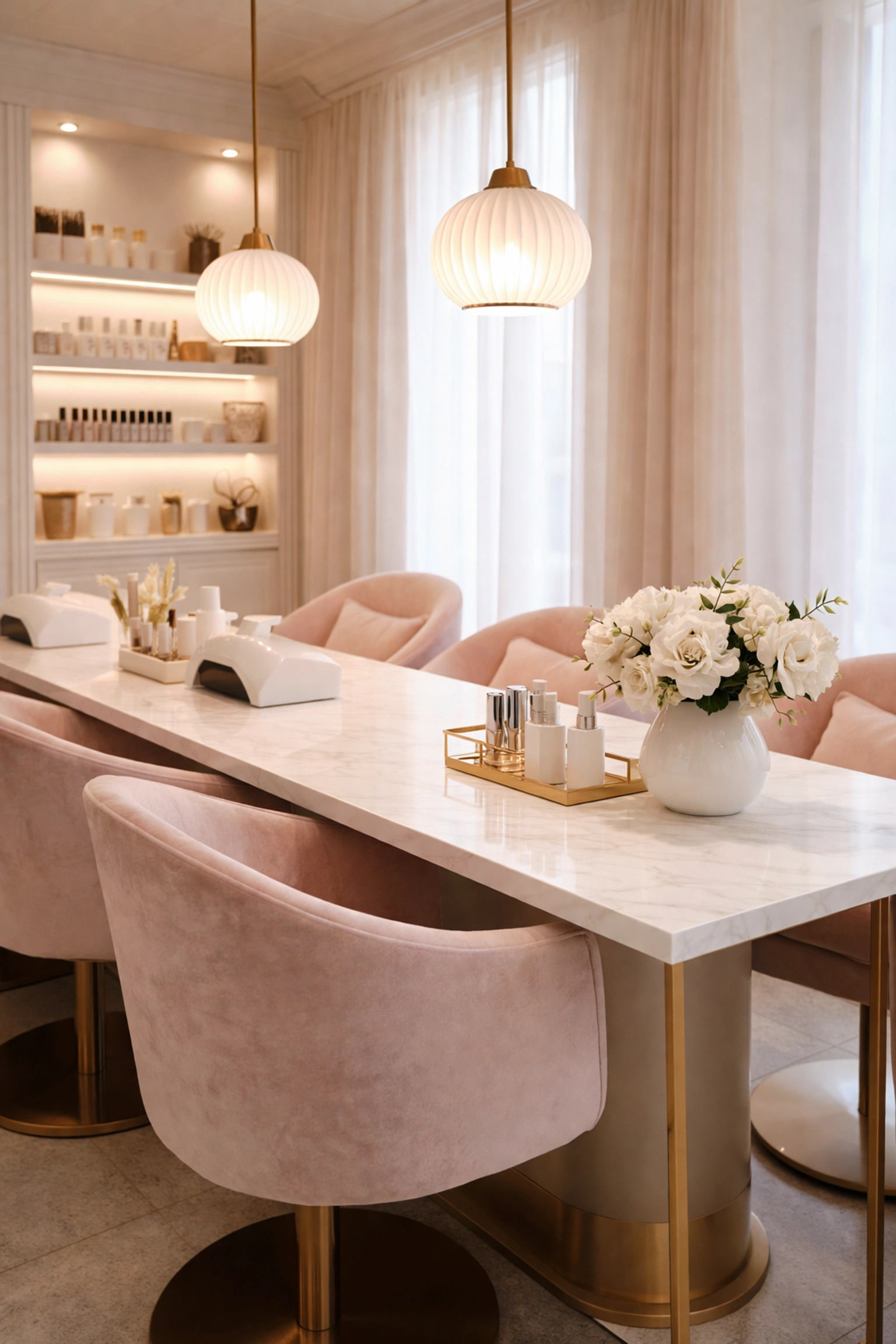 Luxurious nail salon interior in Norwood with velvet seating, marble table, and elegant lighting, ideal for Japanese gel manicures.