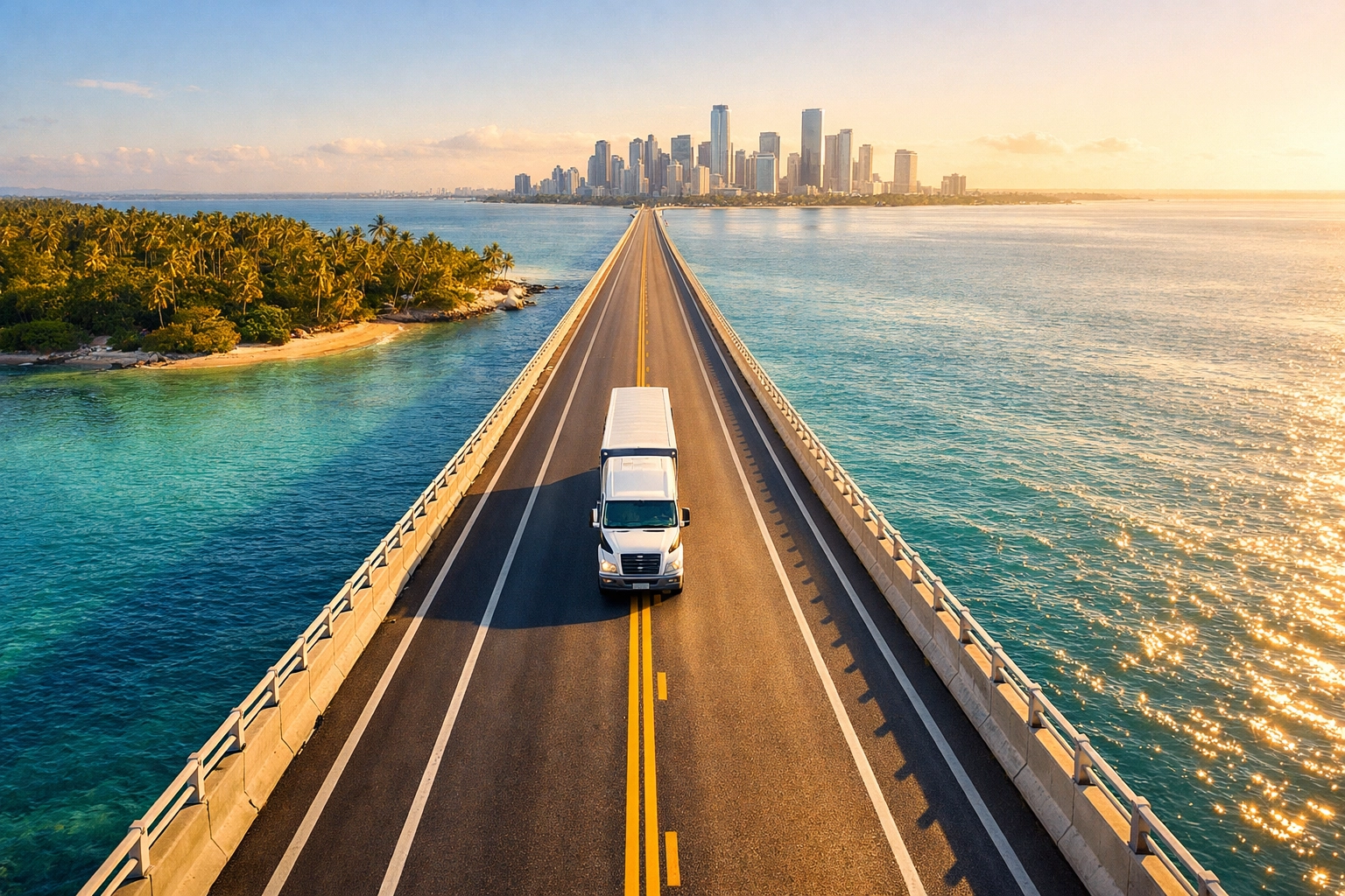 Logistics truck on a coastal bridge representing efficient transit routes from a 3pl jacksonville warehouse.
