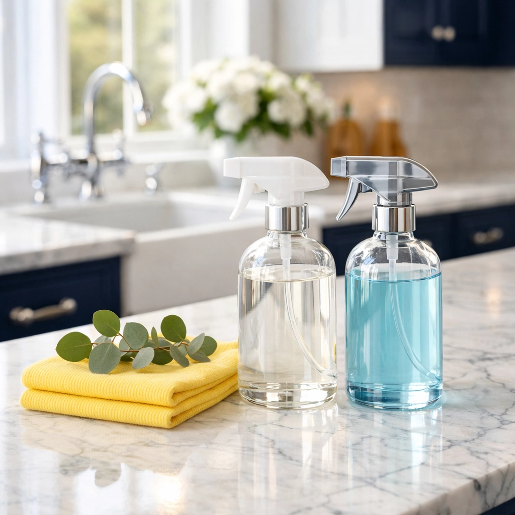 Eco-friendly residential cleaning Massachusetts products on a white marble kitchen island in a Dover home.