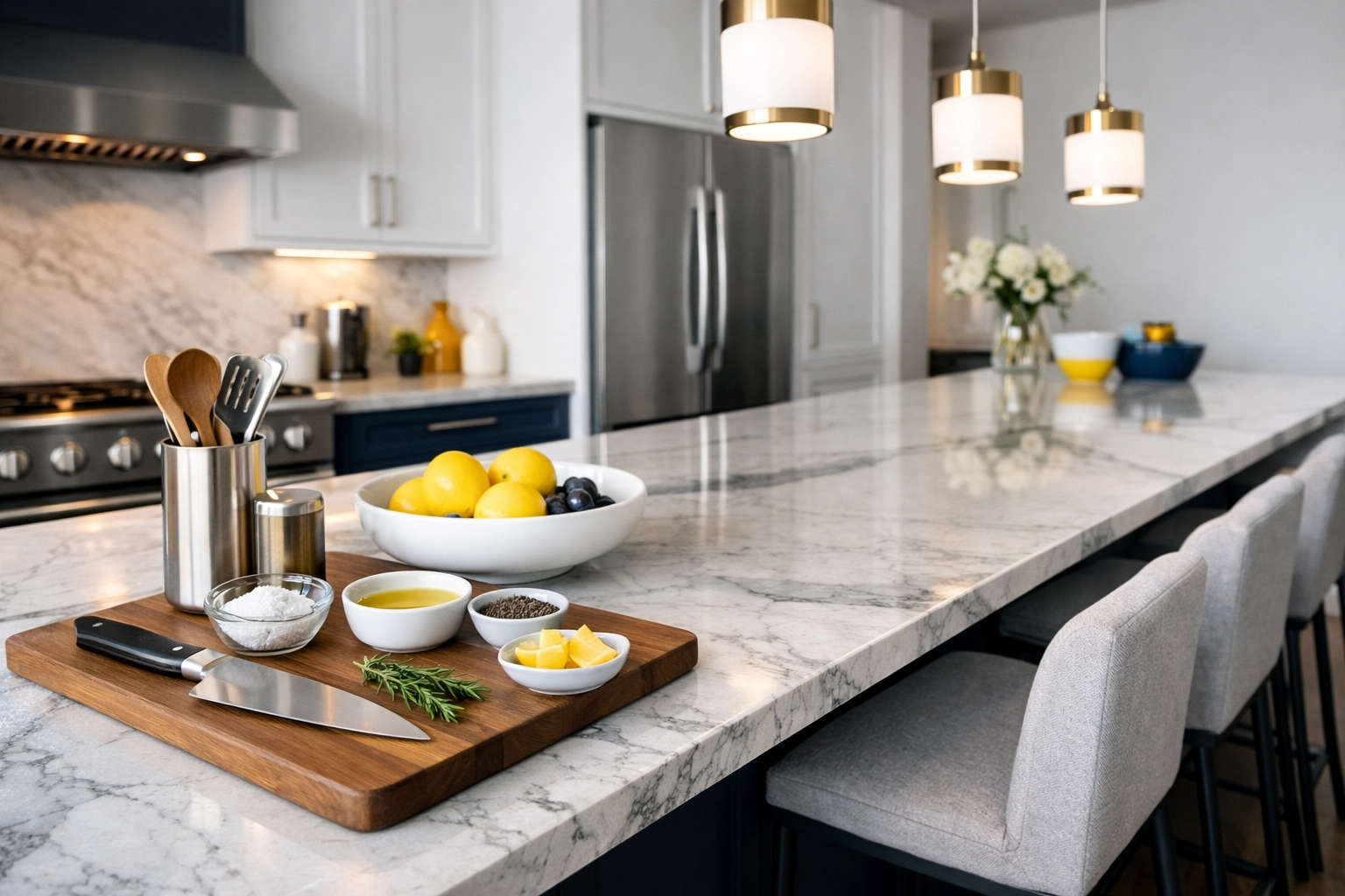 Sleek kitchen island reflecting elite organization