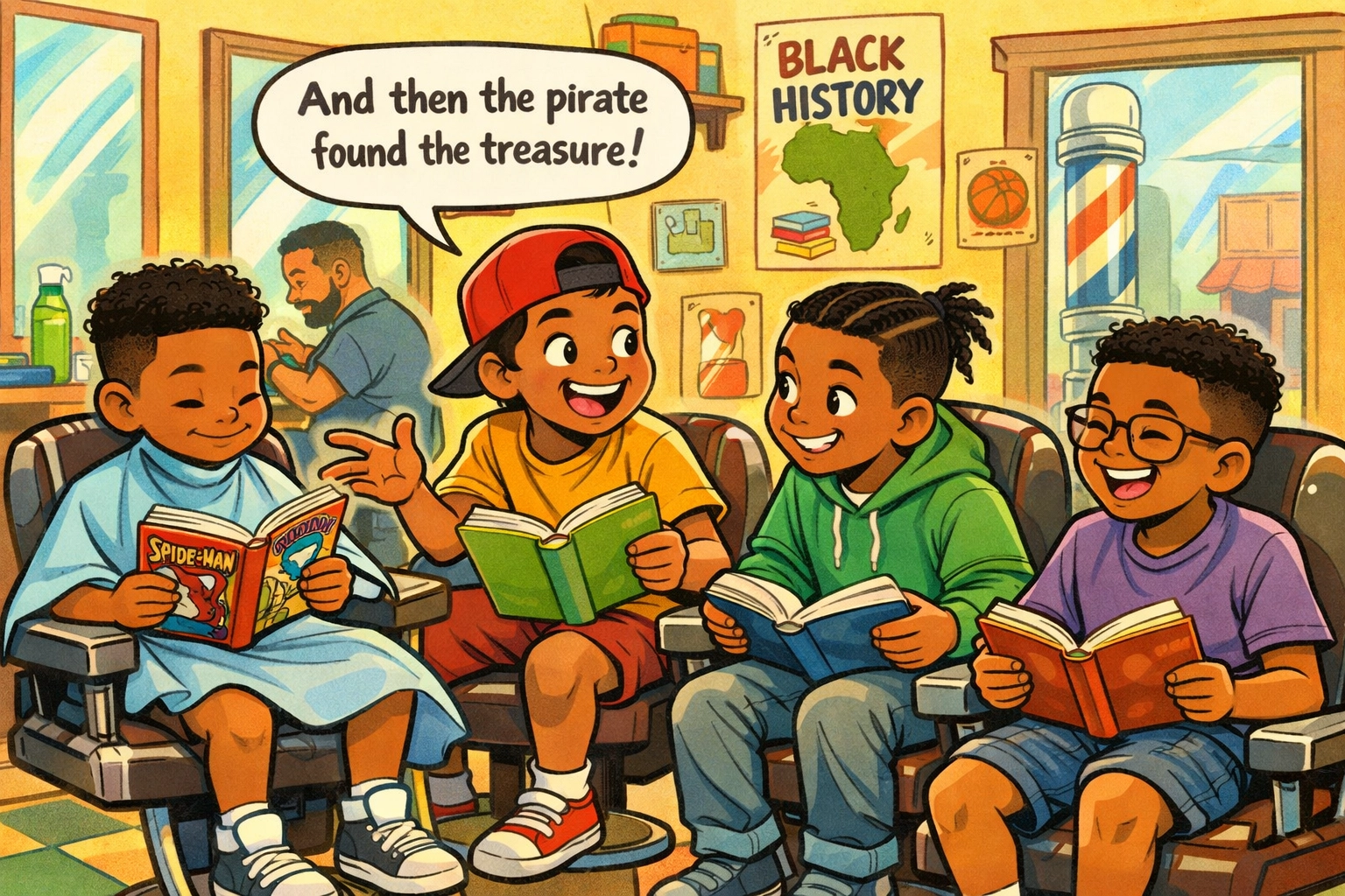 Young Black and Brown boys reading books in barbershop chairs at CRC literacy program