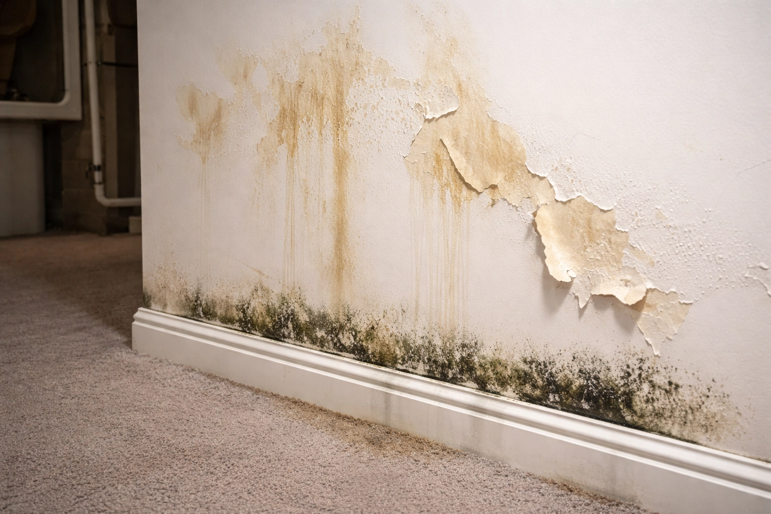 Visible water damage with mold and peeling paint on a basement wall caused by leaky polybutylene pipes.