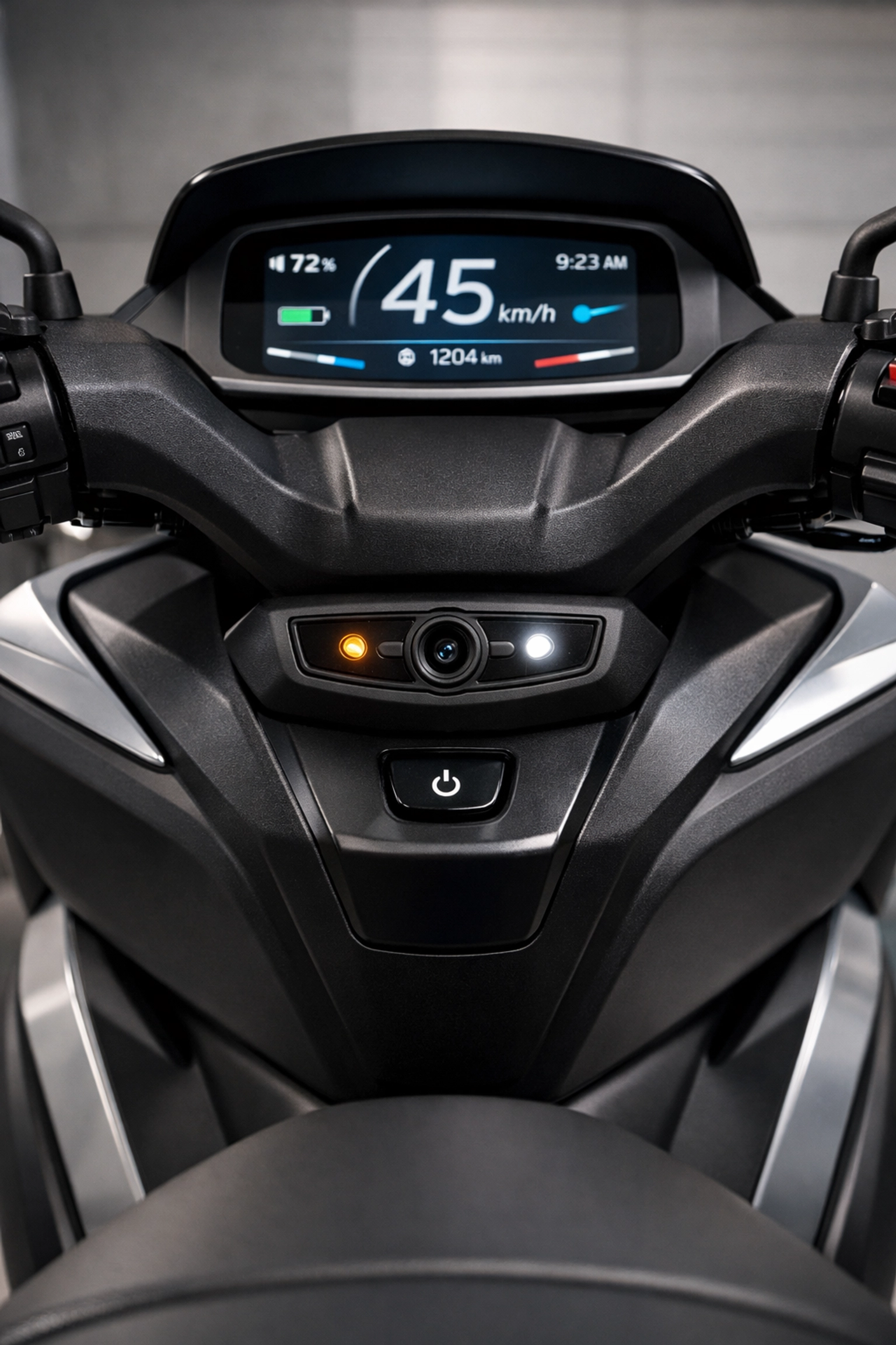 Close-up of a Yamaha commuter scooter cockpit showing the integrated handlebar airbag safety module.