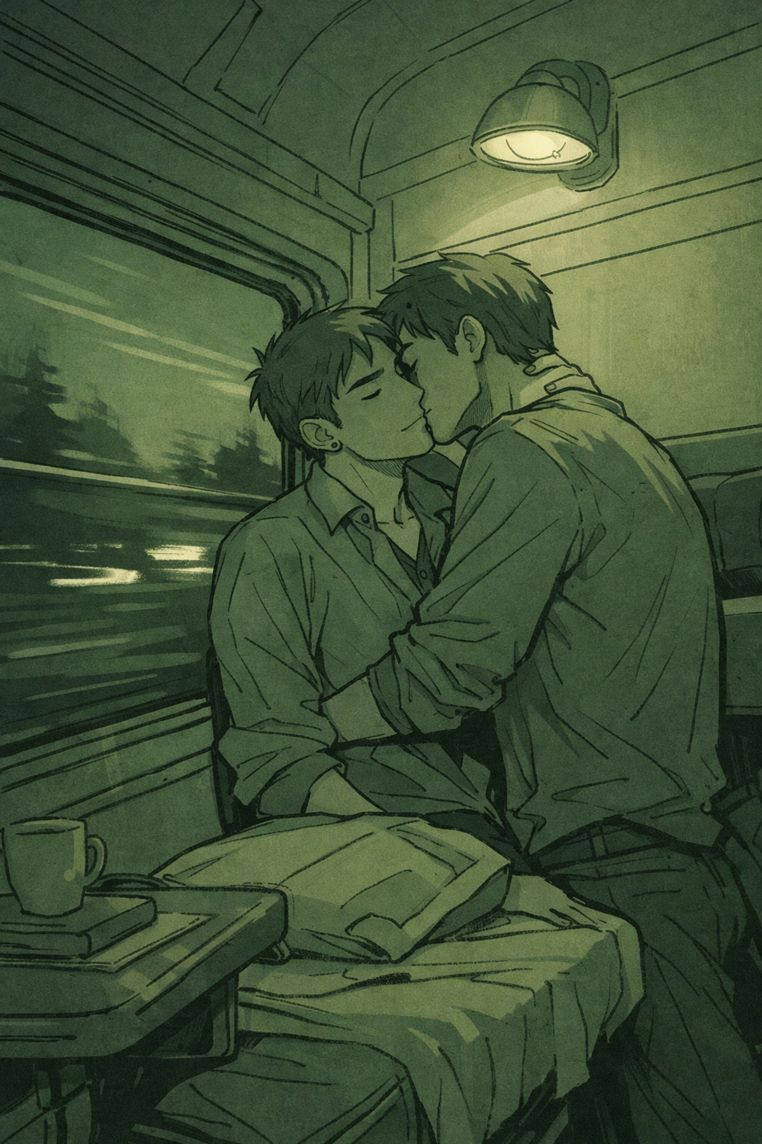 Two men embracing intimately in train sleeper compartment at night - MM railway romance