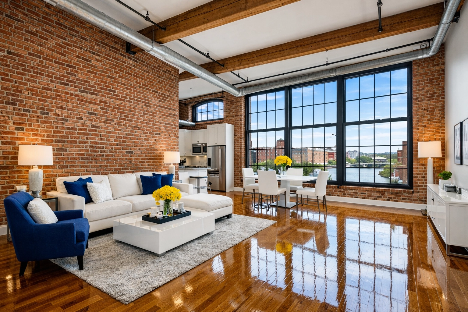 Industrial loft after professional house cleaning Lowell MA, showing spotless brick walls and polished hardwood floors.