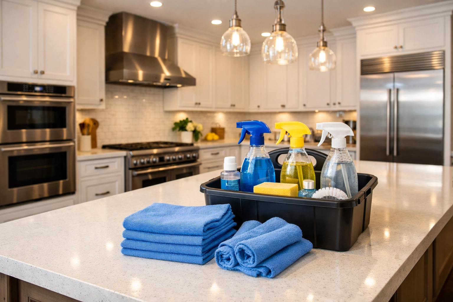 Professional deep cleaning services equipment in a high-end Massachusetts kitchen for ninja-like results.