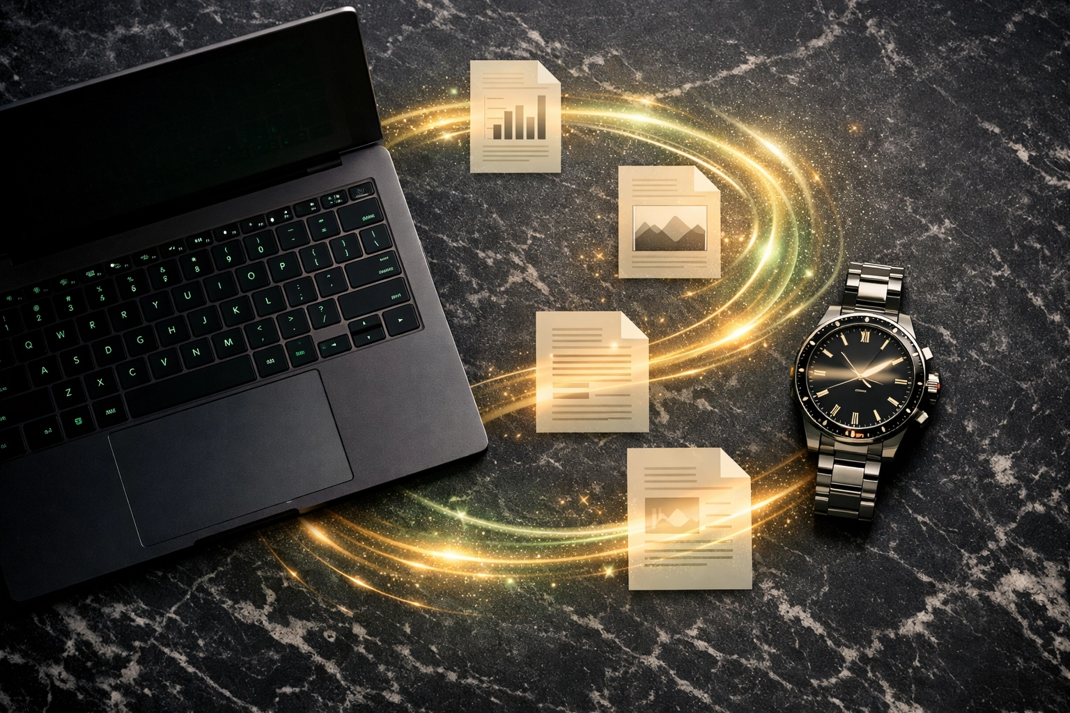 Laptop and blurred watch showing time saved through efficient AI automation for small business tasks.