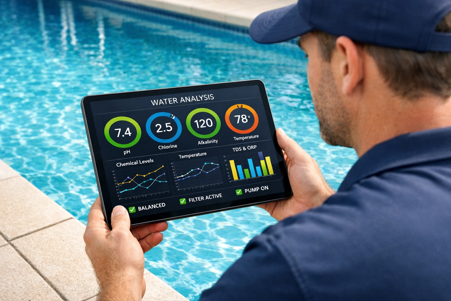 Digital service records on a tablet used to verify pool route service history.