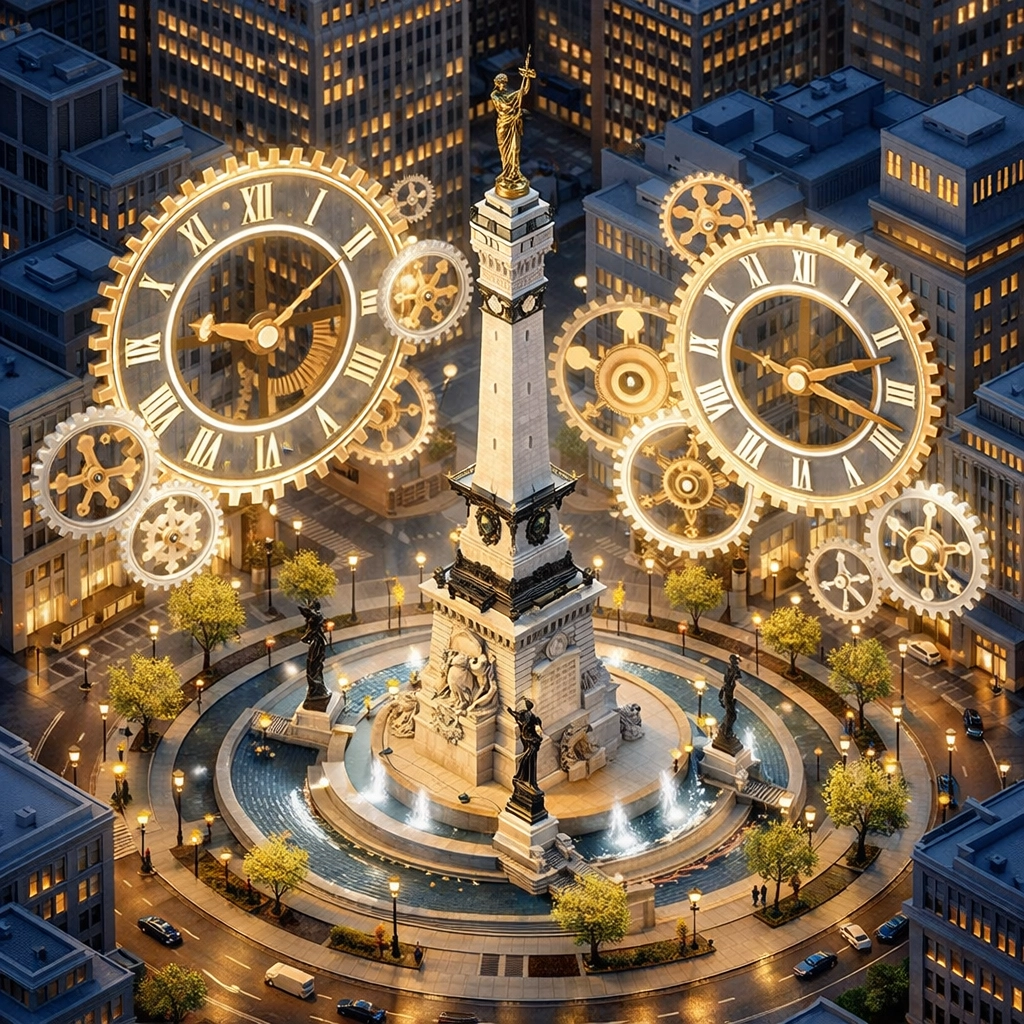 Indianapolis Monument Circle surrounded by clock symbols representing local Eastern Time zone coordination.