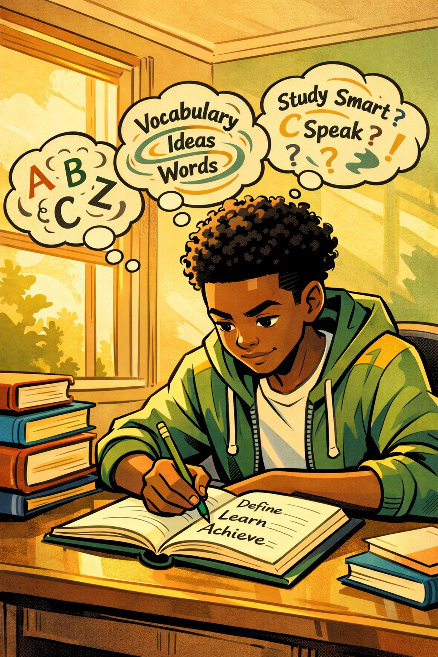 Young Black teenager writing vocabulary words in notebook building literacy skills