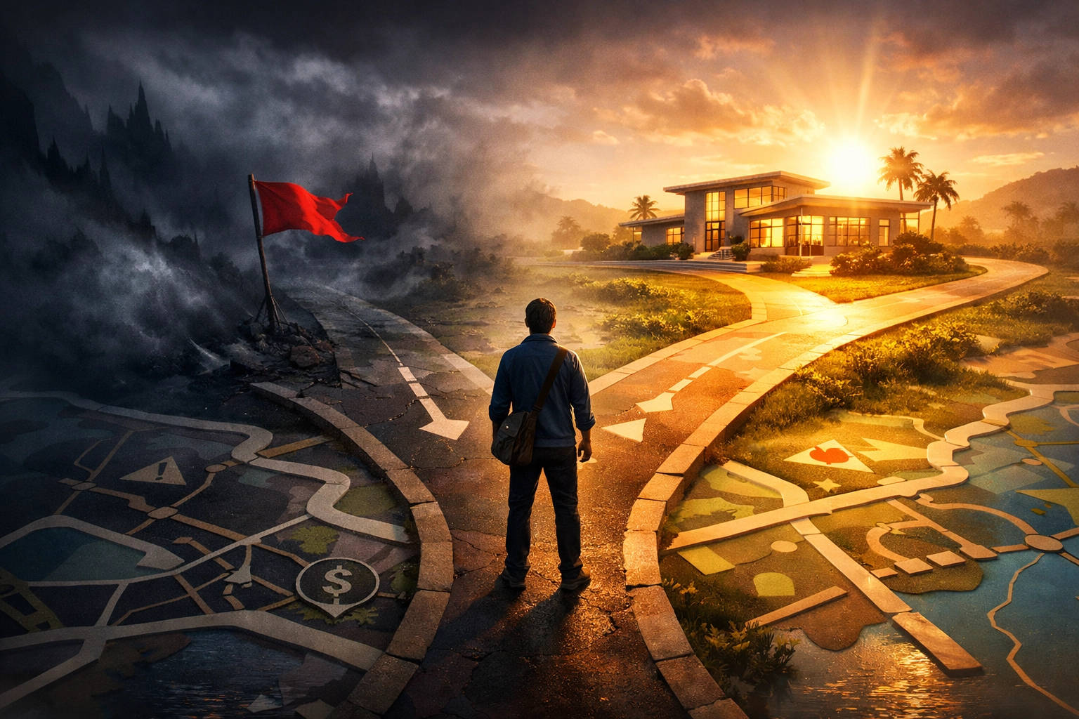 A conceptual image of choosing between mortgage broker red flags and a clear path to homeownership.