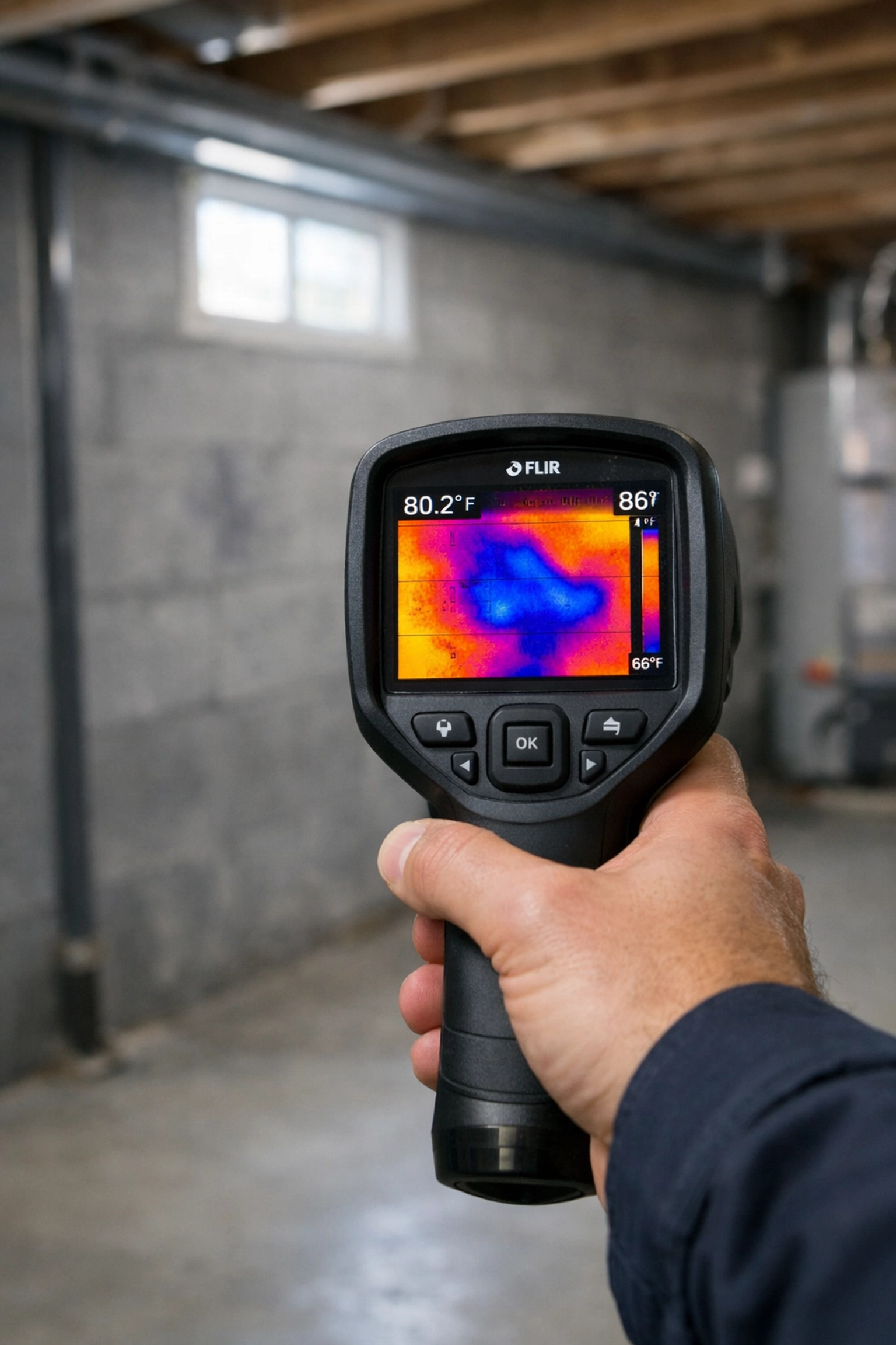 Thermal imaging moisture detection during a professional home inspection in an Edmonton basement.