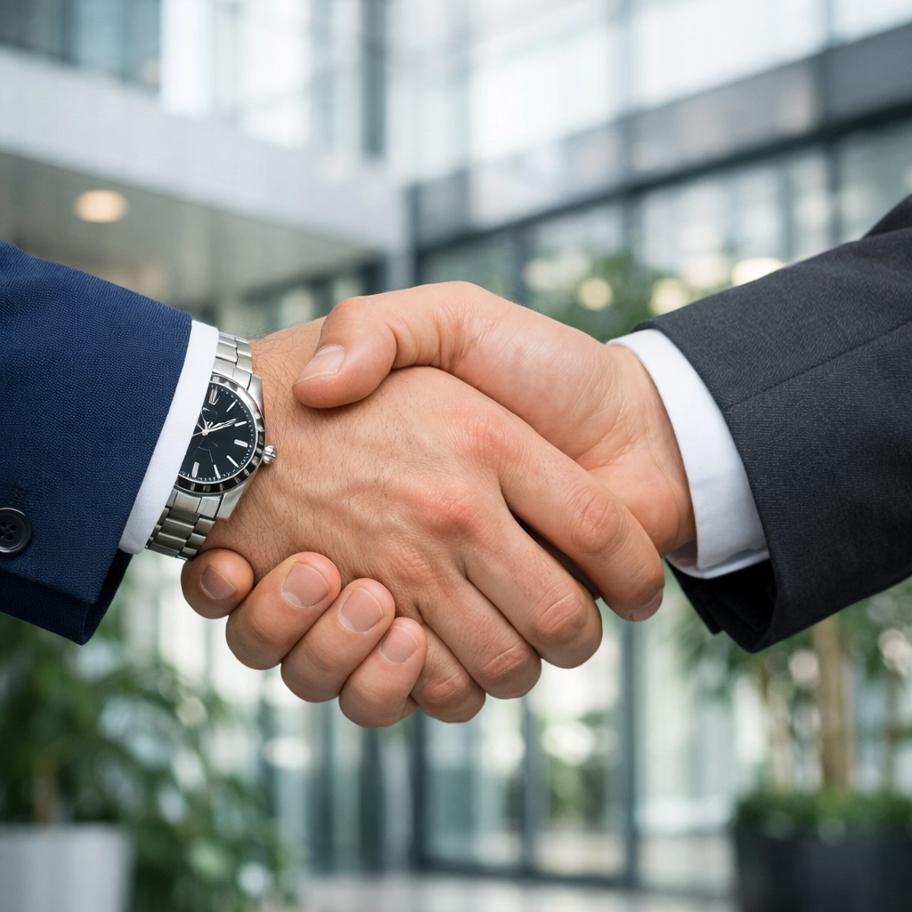 Professional handshake between corporate leaders after closing a successful high-stakes deal.