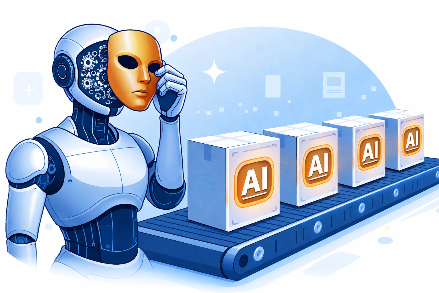 Robot removing gold mask to reveal gears, illustrating AI-washing in customer education platform marketing